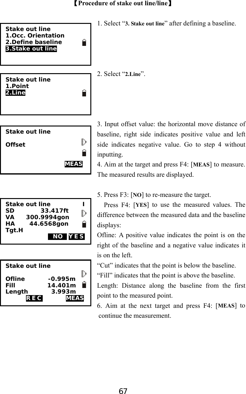 67 【Procedure of stake out line/line】  1. Select “3. Stake out line” after defining a baseline.     2. Select “2.Line”.      3. Input offset value: the horizontal move distance of baseline, right side indicates positive value and left side indicates negative value. Go to step 4 without inputting. 4. Aim at the target and press F4: [MEAS] to measure. The measured results are displayed.  5. Press F3: [NO] to re-measure the target.   Press F4: [YES] to use the measured values. The difference between the measured data and the baseline displays: Ofline: A positive value indicates the point is on the right of the baseline and a negative value indicates it is on the left. “Cut” indicates that the point is below the baseline. “Fill” indicates that the point is above the baseline. Length: Distance along the baseline from the first point to the measured point. 6. Aim at the next target and press F4: [MEAS] to              continue the measurement.     Stake out line 1.Occ. Orientation 2.Define baseline  3.Stake out line Stake out line 1.Point  2.Line  Stake out line  Offset                 MEAS Stake out line           I SD         33.417ft VA    300.9994gon    HA     44.6568gon   Tgt.H  HNOT YES  Stake out line  Ofline        -0.995m Fill           14.401m Length        3.993m REC        MEAS 