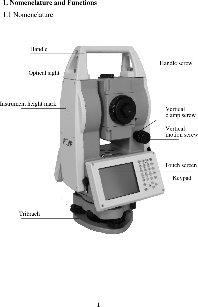 1 1. Nomenclature and Functions 1.1 Nomenclature    Handle Optical sight Touch screenTribrach Keypad Handle screw Vertical motion screwVertical clamp screwInstrument height mark 