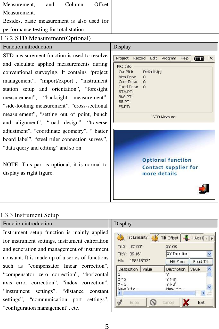 5 Measurement, and Column Offset Measurement. Besides, basic measurement is also used for performance testing for total station. 1.3.2 STD Measurement(Optional) Function introduction  Display STD measurement function is used to resolve and calculate applied measurements during conventional surveying. It contains “project management”, “import/export”, “instrument station setup and orientation”, “foresight measurement”, “backsight measurement”, “side-looking measurement”, “cross-sectional measurement”, “setting out of point, bunch and alignment”, “road design”, “traverse adjustment”, “coordinate geometry”, “ batter board label”, “steel ruler connection survey”, “data query and editing” and so on.  NOTE: This part is optional, it is normal to display as right figure.  1.3.3 Instrument Setup Function introduction  Display Instrument setup function is mainly applied for instrument settings, instrument calibration and generation and management of instrument constant. It is made up of a series of functions such as “compensator linear correction”, “compensator zero correction”, “horizontal axis error correction”, “index correction”, “instrument settings”, “distance constant settings”, “communication port settings”, “configuration management”, etc. 