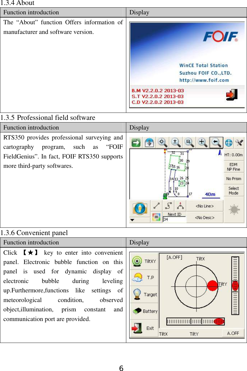 6 1.3.4 About Function introduction  Display The “About” function Offers information of manufacturer and software version. 1.3.5 Professional field software Function introduction  Display RTS350 provides professional surveying and cartography program, such as “FOIF FieldGenius”. In fact, FOIF RTS350 supports more third-party softwares. 1.3.6 Convenient panel Function introduction  Display Click  【★】 key to enter into convenient panel. Electronic bubble function on this panel is used for dynamic display of electronic bubble during leveling up.Furthermore,functions like settings of meteorological condition, observed object,illumination, prism constant and communication port are provided. 