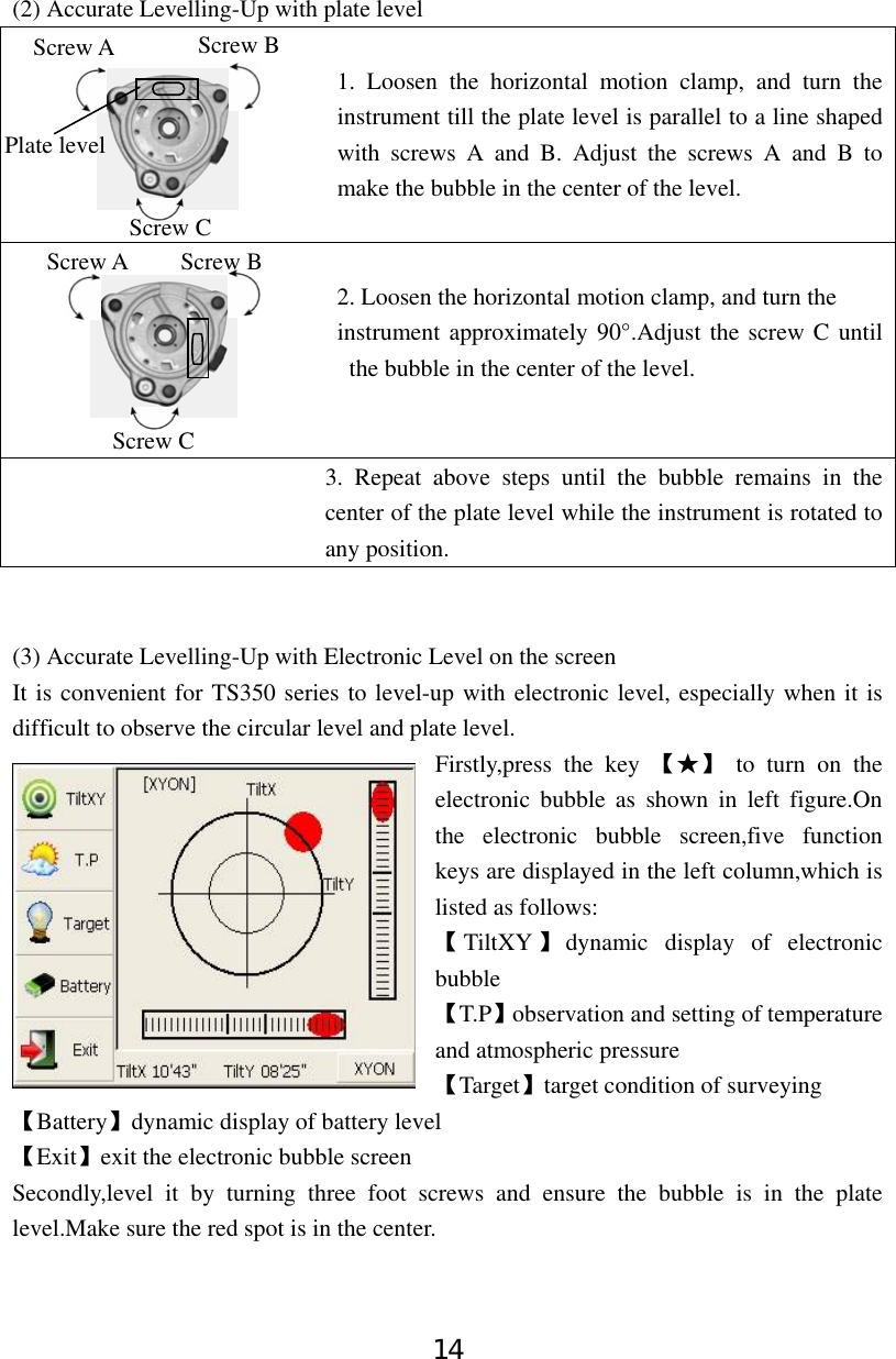 14  (2) Accurate Levelling-Up with plate level                               1. Loosen the horizontal motion clamp, and turn the instrument till the plate level is parallel to a line shaped with screws A and B. Adjust the screws A and B to make the bubble in the center of the level.                              2. Loosen the horizontal motion clamp, and turn the instrument approximately 90°.Adjust the screw C until the bubble in the center of the level.   3. Repeat above steps until the bubble remains in the center of the plate level while the instrument is rotated to any position.     (3) Accurate Levelling-Up with Electronic Level on the screen It is convenient for TS350 series to level-up with electronic level, especially when it is difficult to observe the circular level and plate level.  Firstly,press the key 【★】 to turn on the electronic bubble as shown in left figure.On the electronic bubble screen,five function keys are displayed in the left column,which is listed as follows:   【TiltXY 】dynamic display of electronic bubble 【T.P】observation and setting of temperature and atmospheric pressure 【Target】target condition of surveying   【Battery】dynamic display of battery level   【Exit】exit the electronic bubble screen Secondly,level it by turning three foot screws and ensure the bubble is in the plate level.Make sure the red spot is in the center.   Screw B Screw A Plate level Screw C Screw A  Screw B Screw C 