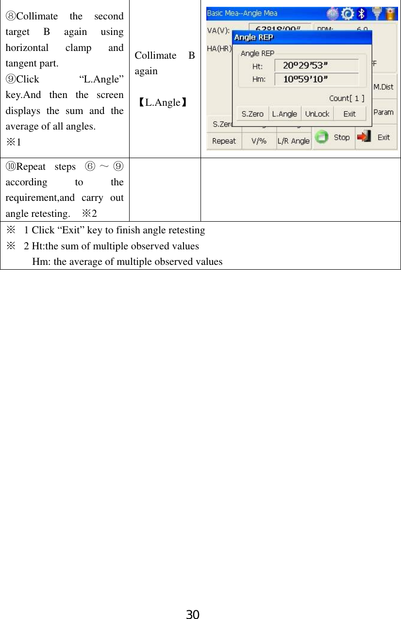 30 ⑧Collimate the second target B again using horizontal clamp and tangent part. ⑨Click “L.Angle” key.And then the screen displays the sum and the average of all angles. ※1 Collimate B again  【L.Angle】 ⑩Repeat steps ⑥～⑨ according to the requirement,and carry out angle retesting.    ※2   ※  1 Click “Exit” key to finish angle retesting ※  2 Ht:the sum of multiple observed values   Hm: the average of multiple observed values                   