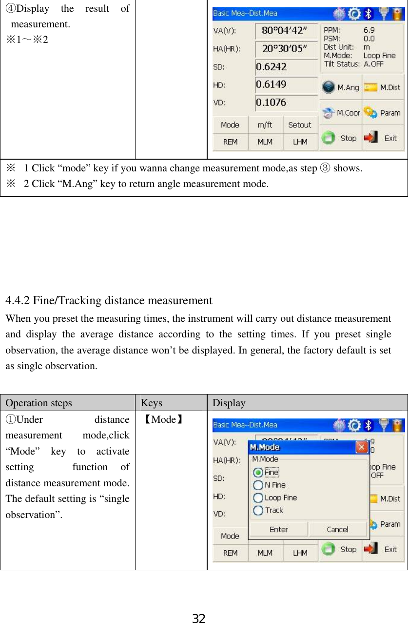 32 Display the result of ④measurement. 1※～2※  ※  1 Click “mode” key if you wanna change measurement mode,as step   shows.③ ※  2 Click “M.Ang” key to return angle measurement mode.       4.4.2 Fine/Tracking distance measurement When you preset the measuring times, the instrument will carry out distance measurement and display the average distance according to the setting times. If you preset single observation, the average distance won’t be displayed. In general, the factory default is set as single observation.         Operation steps  Keys  Display Under distance ①measurement mode,click “Mode” key to activate setting   function of distance measurement mode. The default setting is “single observation”. 【Mode】 