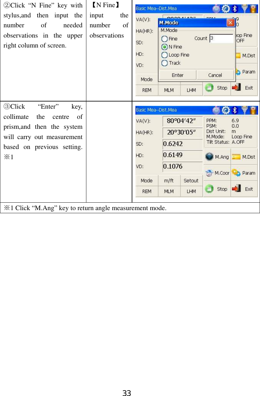 33 Click “N Fine” key with ②stylus,and then input the number of needed observations in the upper right column of screen. 【N Fine】 input the number of observations Click “Enter” key,③ collimate the centre of prism,and then the system will carry out measurement based on previous setting. 1※  1 Click “M.Ang” key to return angle measurement mode※.                