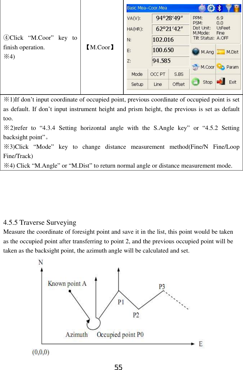 55 Click “M.Coor” key to ④finish operation. 4)※ 【M.Coor】 1)If don’t input coordinate of occupied point,※ previous coordinate of occupied point is set as default. If don’t input instrument height and prism height, the previous is set as default too. ※2)refer to “4.3.4 Setting horizontal angle with the S.Angle key” or “4.5.2 Setting backsight point”。 3)Click “Mode” key to change distance measurement method(Fine/N Fine/Loop ※Fine/Track) 4) Click “M.Angle” or “M.Dist” to re※turn normal angle or distance measurement mode.      4.5.5 Traverse Surveying Measure the coordinate of foresight point and save it in the list, this point would be taken as the occupied point after transferring to point 2, and the previous occupied point will be taken as the backsight point, the azimuth angle will be calculated and set.  