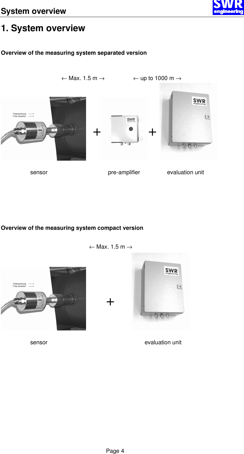 System overview      Page 4 1. System overview  Overview of the measuring system separated version          ++         Overview of the measuring system compact version                            +                &larr; Max. 1.5 m &rarr;                  &larr; up to 1000 m &rarr; sensor                                      pre-amplifier                 evaluation unit &larr; Max. 1.5 m &rarr;           sensor                                                             evaluation unit 