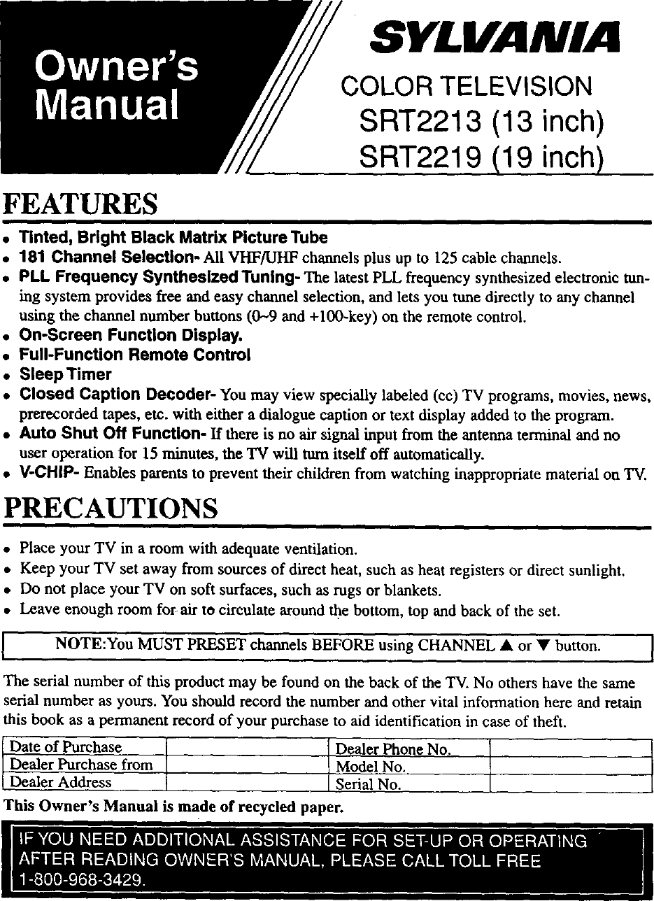 Page 1 of 9 - SYLVANIA  Direct View Digital 27 To 40 TV Manual L0207191