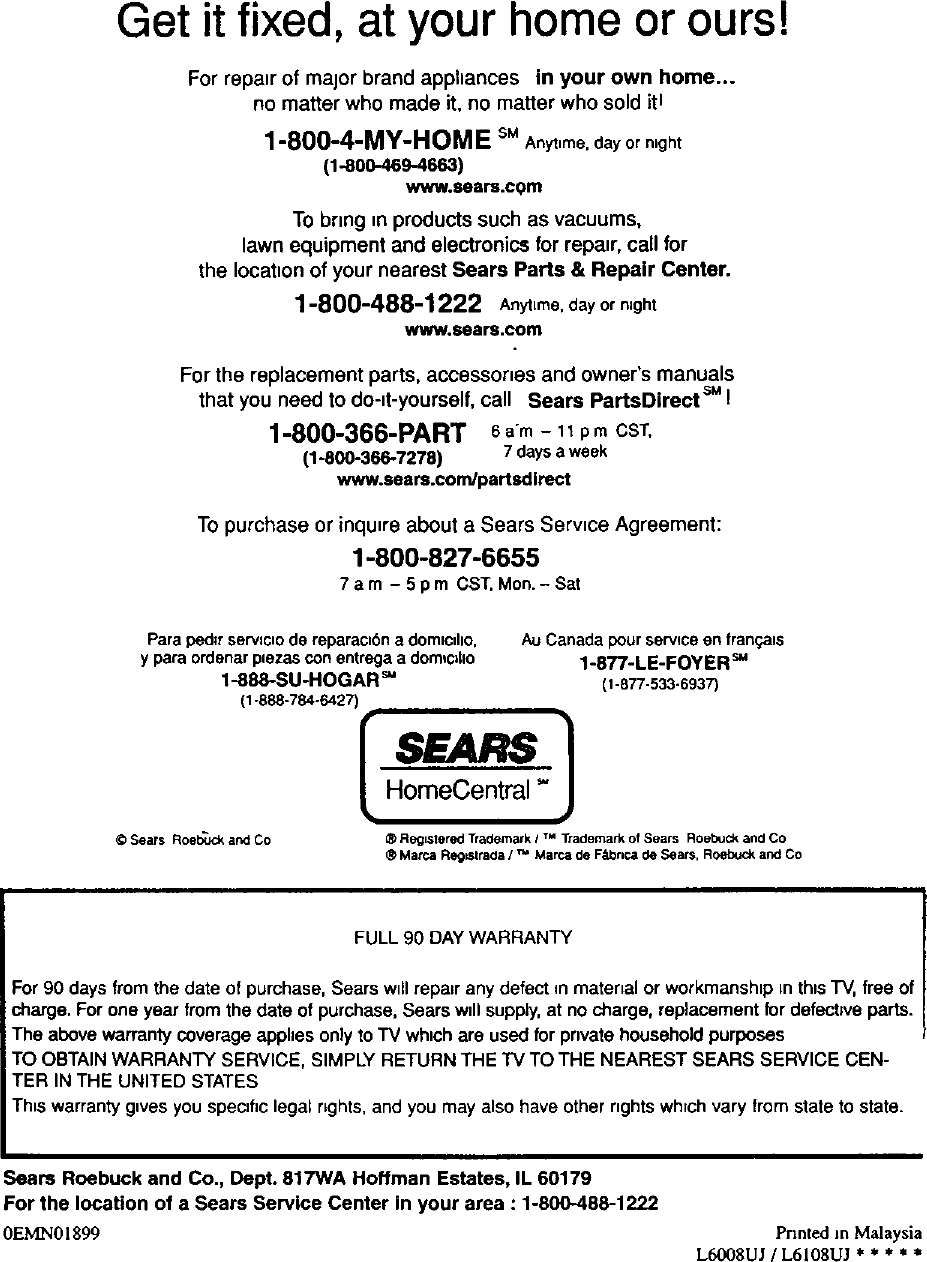 Page 9 of 9 - SYLVANIA  Direct View Digital 27 To 40 TV Manual L0207191