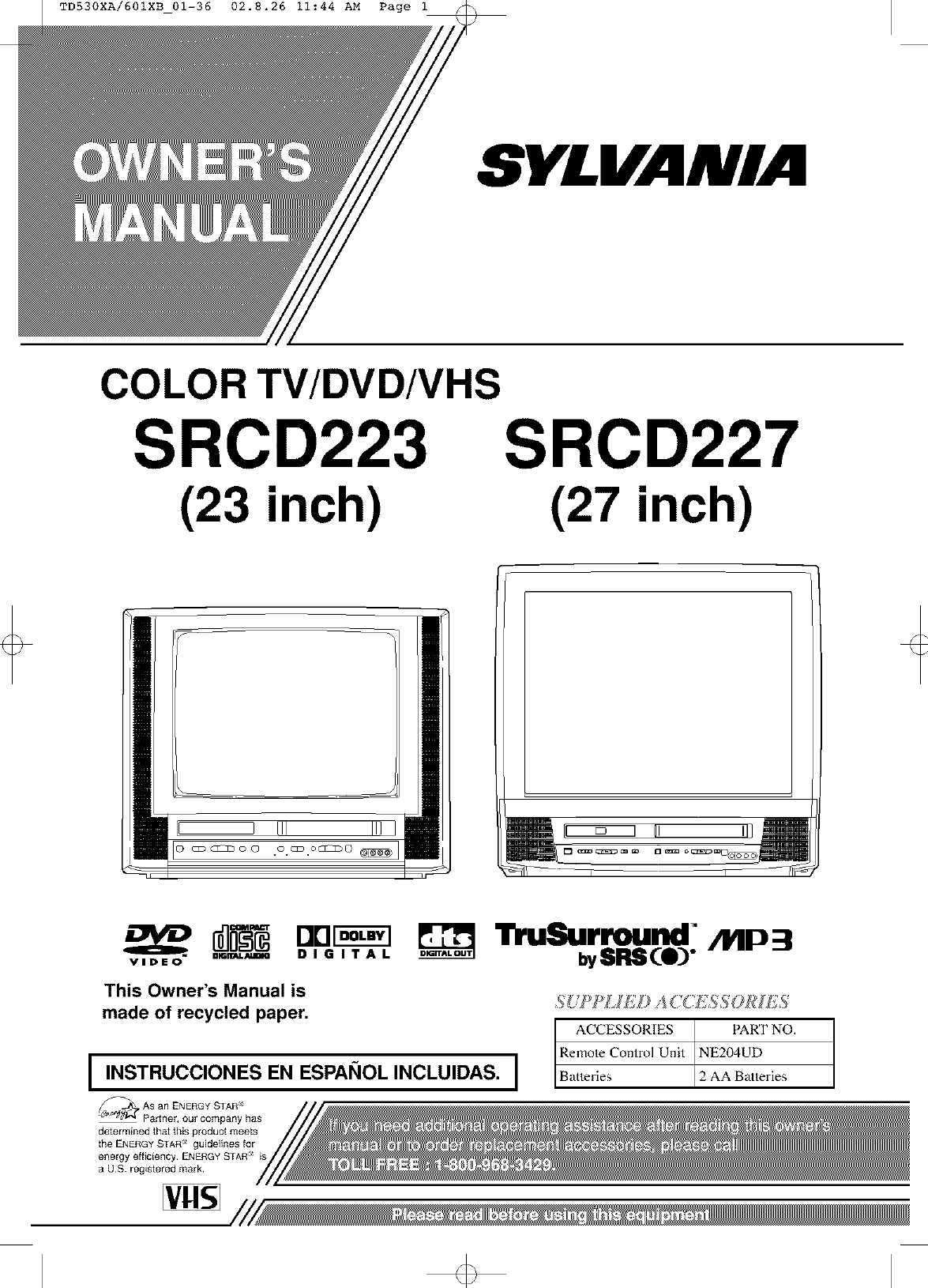 SYLVANIA TV/VCR Or DVD Combo Manual L0212168