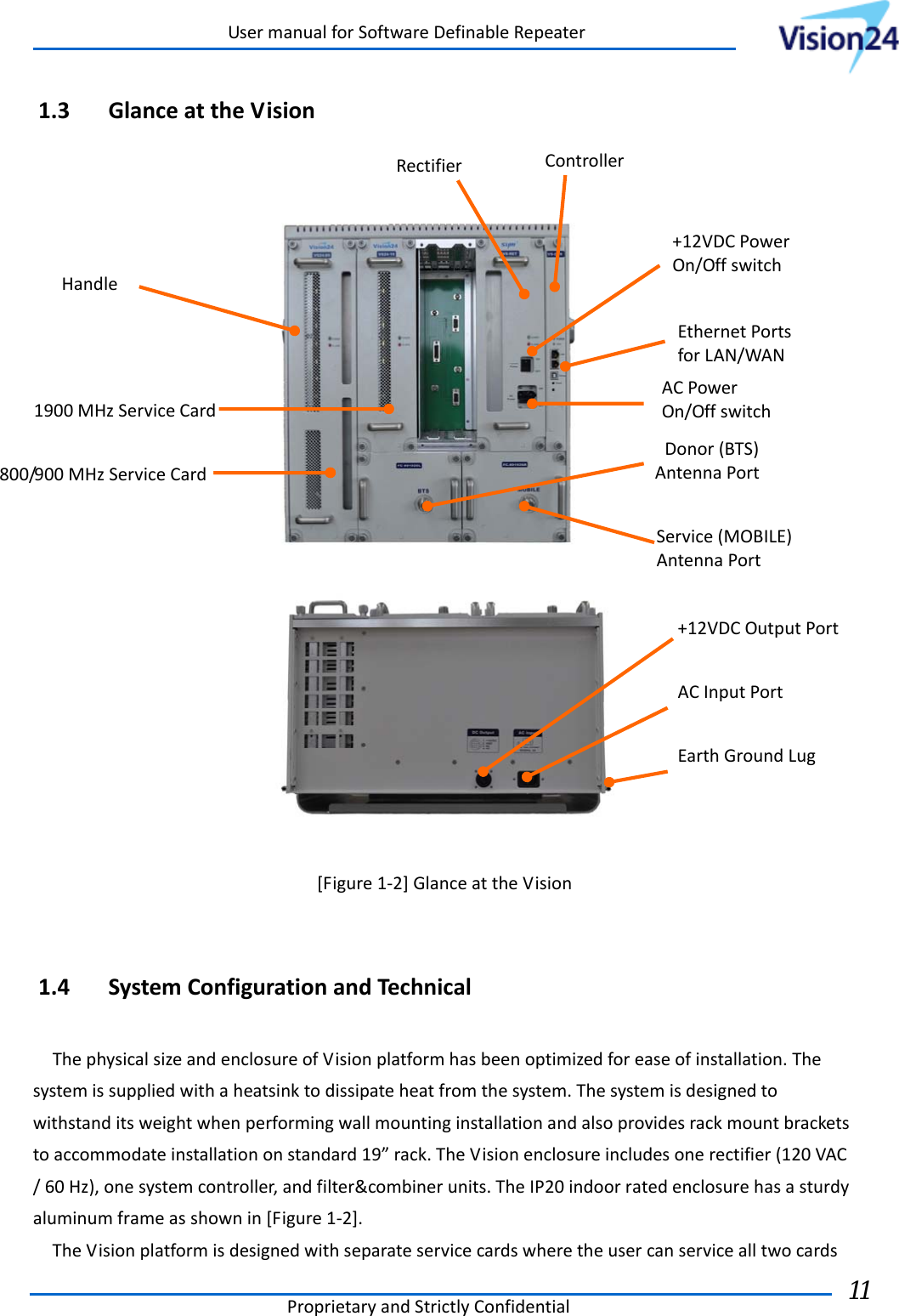 UsermanualforSoftwareDefinableRepeaterProprietaryandStrictlyConfidential11 1.3 GlanceattheVision[Figure1‐2]GlanceattheVision  1.4 SystemConfigurationandTechnicalThephysicalsizeandenclosureofVisionplatformhasbeenoptimizedforeaseofinstallation.Thesystemissuppliedwithaheatsinktodissipateheatfromthesystem.Thesystemisdesignedtowithstanditsweightwhenperformingwallmountinginstallationandalsoprovidesrackmountbracketstoaccommodateinstallationonstandard19”rack.TheVisionenclosureincludesonerectifier(120VAC/60Hz),onesystemcontroller,andfilter&amp;combinerunits.TheIP20indoorratedenclosurehasasturdyaluminumframeasshownin[Figure1‐2].TheVisionplatformisdesignedwithseparateservicecardswheretheusercanservicealltwocards800/900MHzServiceCard1900MHzServiceCardRectifierControllerDonor(BTS)AntennaPortService(MOBILE)AntennaPortHandle+12VDCPowerOn/OffswitchACPowerOn/Offswitch   +12VDCOutputPortACInputPortEarthGroundLugEthernetPortsforLAN/WAN