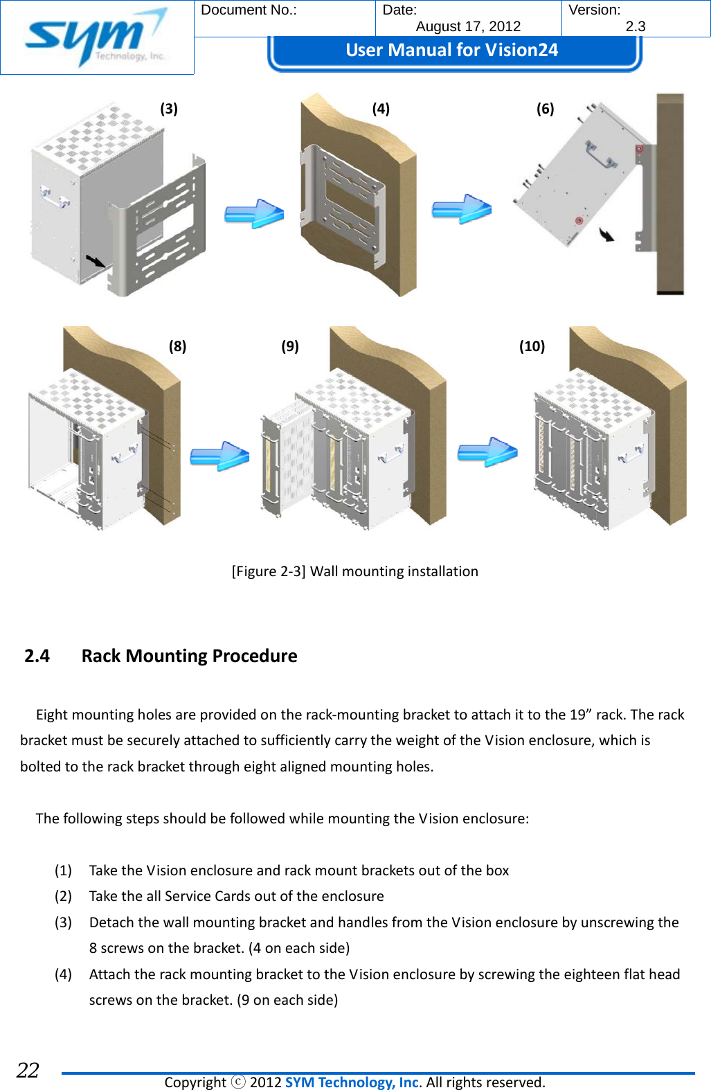  Document No.:  Date: August 17, 2012  Version: 2.3 UserManual forVision24  Copyrightⓒ2012SYMTechnology,Inc.Allrightsreserved. 22     [Figure2‐3]Wallmountinginstallation2.4 RackMountingProcedureEightmountingholesareprovidedontherack‐mountingbrackettoattachittothe19”rack.TherackbracketmustbesecurelyattachedtosufficientlycarrytheweightoftheVisionenclosure,whichisboltedtotherackbracketthrougheightalignedmountingholes.ThefollowingstepsshouldbefollowedwhilemountingtheVisionenclosure:(1) TaketheVisionenclosureandrackmountbracketsoutofthebox(2) TaketheallServiceCardsoutoftheenclosure(3) DetachthewallmountingbracketandhandlesfromtheVisionenclosurebyunscrewingthe8screwsonthebracket.(4oneachside)(4) AttachtherackmountingbrackettotheVisionenclosurebyscrewingtheeighteenflatheadscrewsonthebracket.(9oneachside)(8)(9)(10)(3)(4)(6)