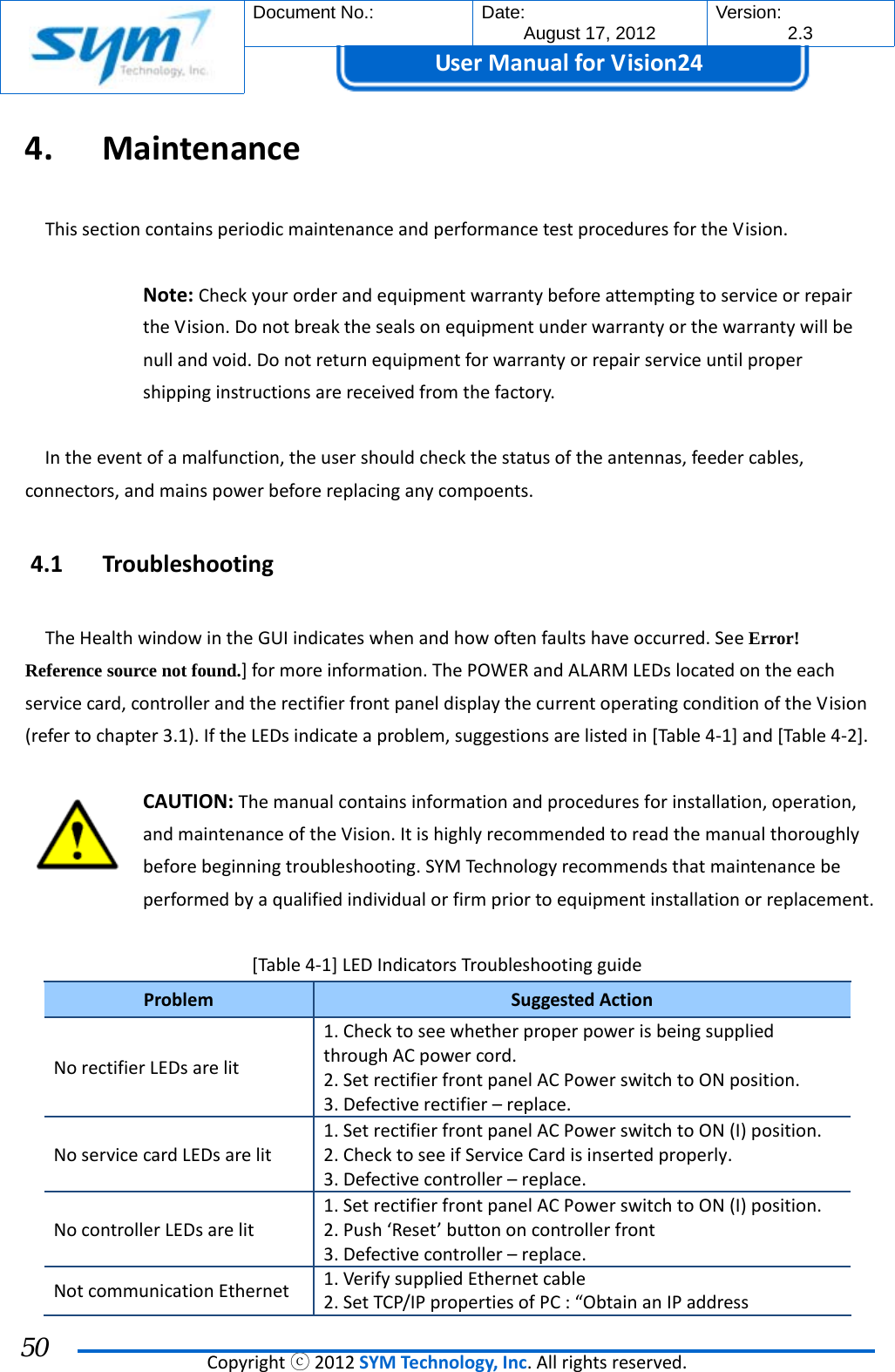  Document No.:  Date: August 17, 2012  Version: 2.3 UserManual forVision24  Copyrightⓒ2012SYMTechnology,Inc.Allrightsreserved. 50 4. MaintenanceThissectioncontainsperiodicmaintenanceandperformancetestproceduresfortheVision.Note:CheckyourorderandequipmentwarrantybeforeattemptingtoserviceorrepairtheVision.Donotbreakthesealsonequipmentunderwarrantyorthewarrantywillbenullandvoid.Donotreturnequipmentforwarrantyorrepairserviceuntilpropershippinginstructionsarereceivedfromthefactory.Intheeventofamalfunction,theusershouldcheckthestatusoftheantennas,feedercables,connectors,andmainspowerbeforereplacinganycompoents.4.1 TroubleshootingTheHealthwindowintheGUIindicateswhenandhowoftenfaultshaveoccurred.SeeError! Reference source not found.]formoreinformation.ThePOWERandALARMLEDslocatedontheeachservicecard,controllerandtherectifierfrontpaneldisplaythecurrentoperatingconditionoftheVision(refertochapter3.1).IftheLEDsindicateaproblem,suggestionsarelistedin[Table4‐1]and[Table4‐2].CAUTION:Themanualcontainsinformationandproceduresforinstallation,operation,andmaintenanceoftheVision.Itishighlyrecommendedtoreadthemanualthoroughlybeforebeginningtroubleshooting.SYMTechnologyrecommendsthatmaintenancebeperformedbyaqualifiedindividualorfirmpriortoequipmentinstallationorreplacement.[Table4‐1]LEDIndicatorsTroubleshootingguideProblemSuggestedAction NorectifierLEDsarelit1.ChecktoseewhetherproperpowerisbeingsuppliedthroughACpowercord.2.SetrectifierfrontpanelACPowerswitchtoONposition.3.Defectiverectifier–replace. NoservicecardLEDsarelit1.SetrectifierfrontpanelACPowerswitchtoON(I)position.2.ChecktoseeifServiceCardisinsertedproperly.3.Defectivecontroller–replace. NocontrollerLEDsarelit1.SetrectifierfrontpanelACPowerswitchtoON(I)position.2.Push‘Reset’buttononcontrollerfront3.Defectivecontroller–replace. NotcommunicationEthernet1.Verify suppliedEthernetcable2.SetTCP/IPpropertiesofPC:“ObtainanIPaddress