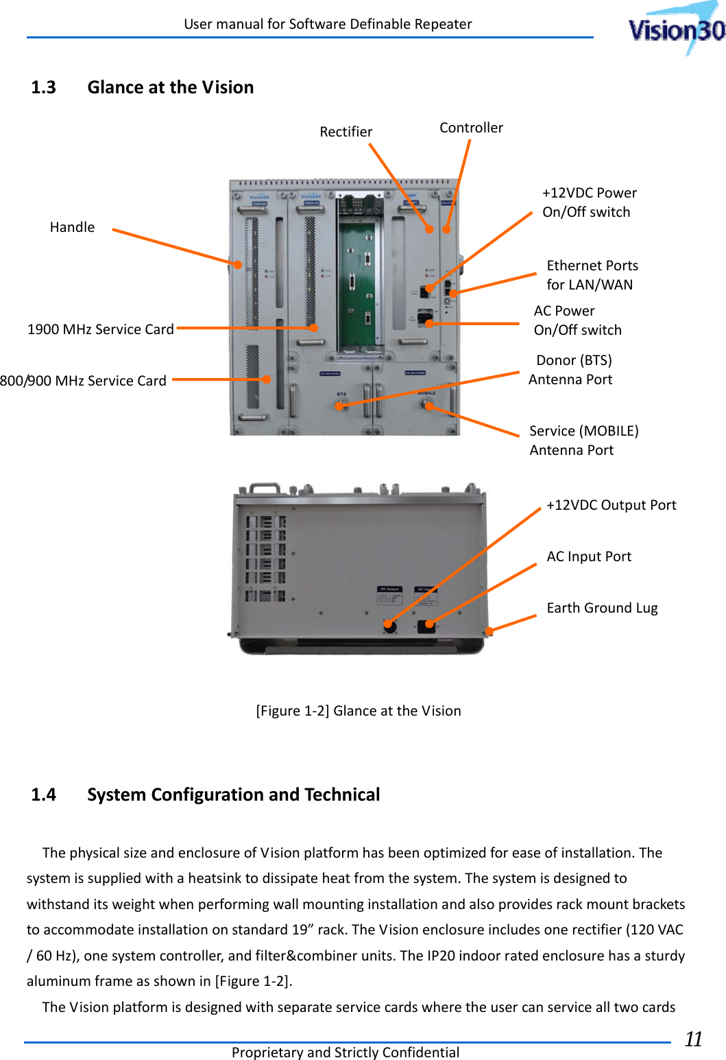 UsermanualforSoftwareDefinableRepeaterProprietaryandStrictlyConfidential11 1.3 GlanceattheVision[Figure1‐2]GlanceattheVision  1.4 SystemConfigurationandTechnicalThephysicalsizeandenclosureofVisionplatformhasbeenoptimizedforeaseofinstallation.Thesystemissuppliedwithaheatsinktodissipateheatfromthesystem.Thesystemisdesignedtowithstanditsweightwhenperformingwallmountinginstallationandalsoprovidesrackmountbracketstoaccommodateinstallationonstandard19”rack.TheVisionenclosureincludesonerectifier(120VAC/60Hz),onesystemcontroller,andfilter&amp;combinerunits.TheIP20indoorratedenclosurehasasturdyaluminumframeasshownin[Figure1‐2].TheVisionplatformisdesignedwithseparateservicecardswheretheusercanservicealltwocards800/900MHzServiceCard1900MHzServiceCardRectifierControllerDonor(BTS)AntennaPortService(MOBILE)AntennaPortHandle+12VDCPowerOn/OffswitchACPowerOn/Offswitch   +12VDCOutputPortACInputPortEarthGroundLugEthernetPortsforLAN/WAN