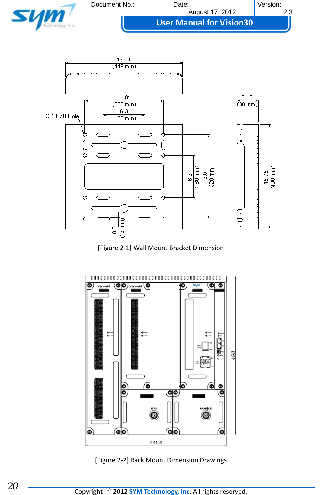  Document No.:  Date: August 17, 2012  Version: 2.3 UserManual forVision30  Copyrightⓒ2012SYMTechnology,Inc.Allrightsreserved. 20 [Figure2‐1]WallMountBracketDimension[Figure2‐2]RackMountDimensionDrawings