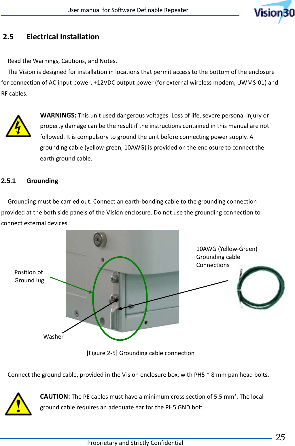 UsermanualforSoftwareDefinableRepeaterProprietaryandStrictlyConfidential25 2.5 ElectricalInstallationReadtheWarnings,Cautions,andNotes.TheVisionisdesignedforinstallationinlocationsthatpermitaccesstothebottomoftheenclosureforconnectionofACinputpower,+12VDCoutputpower(forexternalwirelessmodem,UWMS‐01)andRFcables.WARNINGS:Thisunituseddangerousvoltages.Lossoflife,severepersonalinjuryorpropertydamagecanbetheresultiftheinstructionscontainedinthismanualarenotfollowed.Itiscompulsorytogroundtheunitbeforeconnectingpowersupply.Agroundingcable(yellow‐green,10AWG)isprovidedontheenclosuretoconnecttheearthgroundcable.2.5.1  GroundingGroundingmustbecarriedout.Connectanearth‐bondingcabletothegroundingconnectionprovidedatthebothsidepanelsoftheVisionenclosure.Donotusethegroundingconnectiontoconnectexternaldevices.[Figure2‐5]GroundingcableconnectionConnectthegroundcable,providedintheVisionenclosurebox,withPH5*8mmpanheadbolts.CAUTION:ThePEcablesmusthaveaminimumcrosssectionof5.5mm2.ThelocalgroundcablerequiresanadequateearforthePH5GNDbolt.PositionofGroundlug10AWG(Yellow‐Green)GroundingcableConnectionsWasher