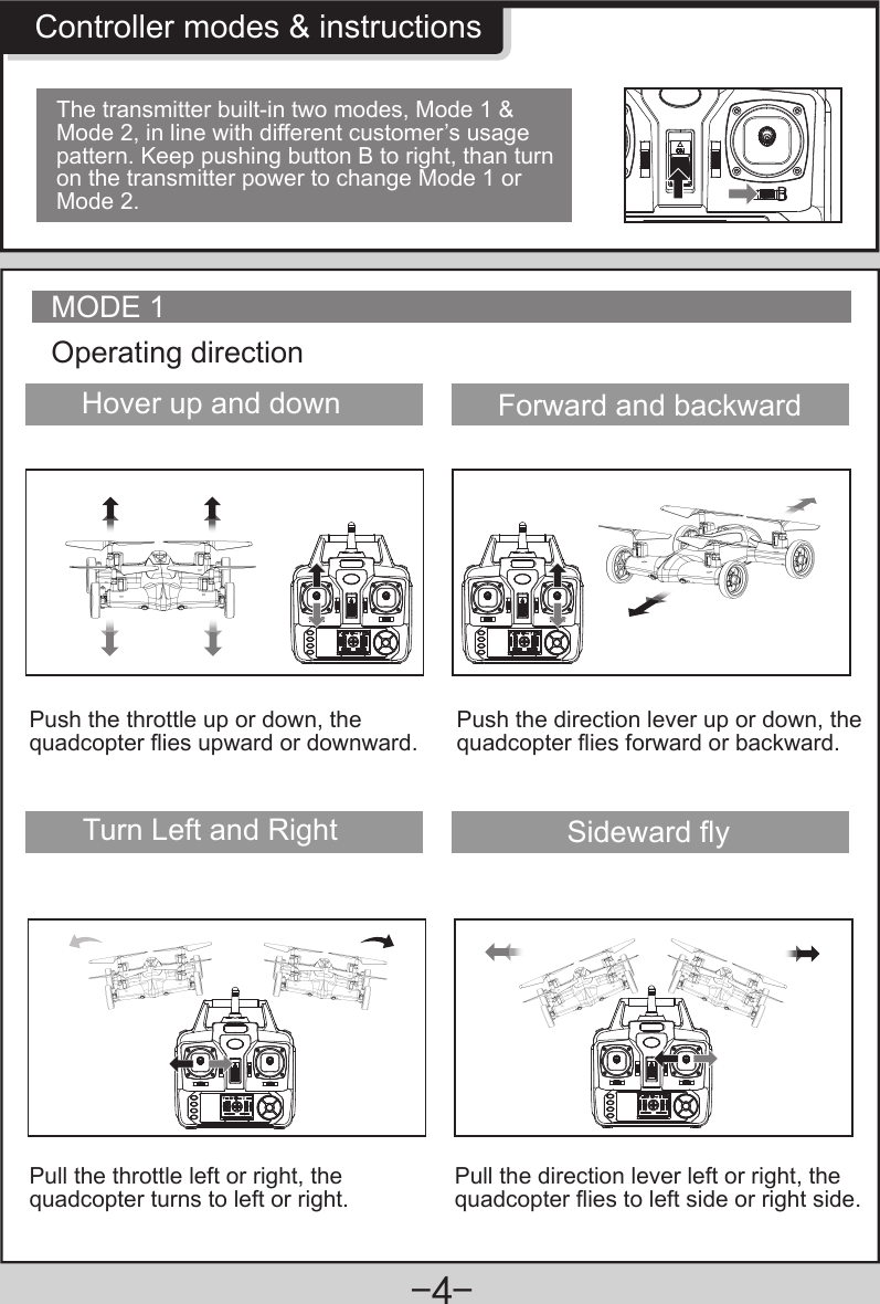 -4-The transmitter built-in two modes, Mode 1 &amp; Mode 2, in line with different customer’s usage pattern. Keep pushing button B to right, than turn on the transmitter power to change Mode 1 or Mode 2.Controller modes &amp; instructionsMODE 1Operating directionHover up and down Forward and backwardPush the throttle up or down, the quadcopter flies upward or downward.Push the direction lever up or down, thequadcopter flies forward or backward.Sideward flyTurn Left and RightPull the direction lever left or right, thequadcopter flies to left side or right side.Pull the throttle left or right, the quadcopter turns to left or right. 