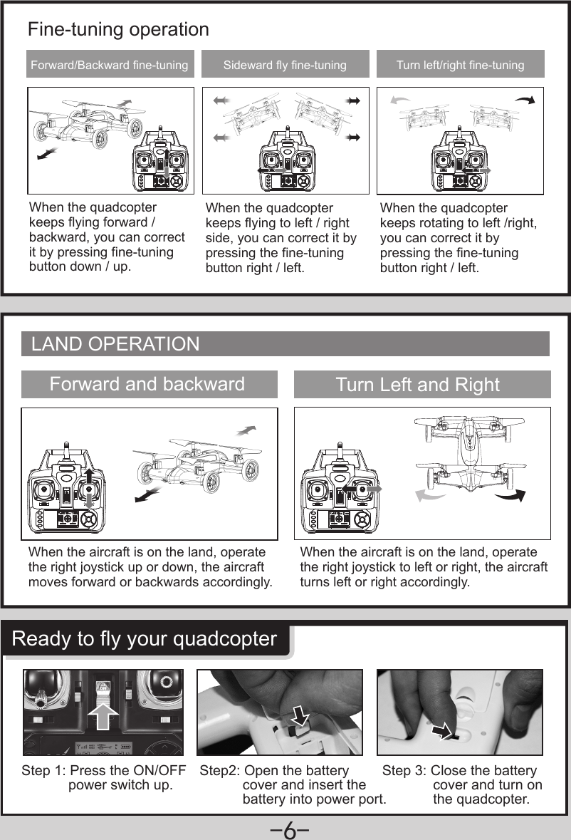 -6-When the aircraft is on the land, operate the right joystick up or down, the aircraft moves forward or backwards accordingly.When the aircraft is on the land, operate the right joystick to left or right, the aircraft turns left or right accordingly.Forward and backward Turn Left and RightReady to fly your quadcopterStep 1: Press the ON/OFF            power switch up.Step 3: Close the battery              cover and turn on              the quadcopter.Step2: Open the battery            cover and insert the            battery into power port.Fine-tuning operationTurn left/right fine-tuningSideward fly fine-tuningForward/Backward fine-tuningWhen the quadcopter keeps flying forward / backward, you can correct it by pressing fine-tuning button down / up.When the quadcopter keeps flying to left / right side, you can correct it by pressing the fine-tuning button right / left.When the quadcopter keeps rotating to left /right, you can correct it by pressing the fine-tuning button right / left.LAND OPERATION