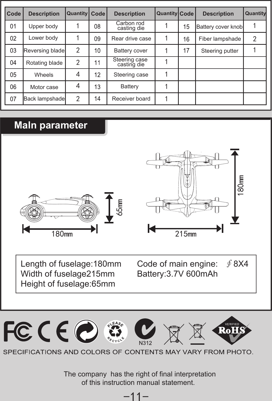  PPPPPPPPWheelsSteering putterReceiver boardCode Description  Quantity  Code Description  Quantity  Code Description  Quantity Upper bodyLower bodyReversing blade Battery coverRear drive case Fiber lampshadeBattery cover knobCarbon rod casting dieSteering case casting dieBatterySteering caseRotating bladeMotor caseBack lampshadeMaln parameterCode of main engine:   ∮8X4Length of fuselage:180mmWidth of fuselage215mmHeight of fuselage:65mmBattery:3.7V 600mAhThe company  has the right of final interpretation          of this instruction manual statement. 