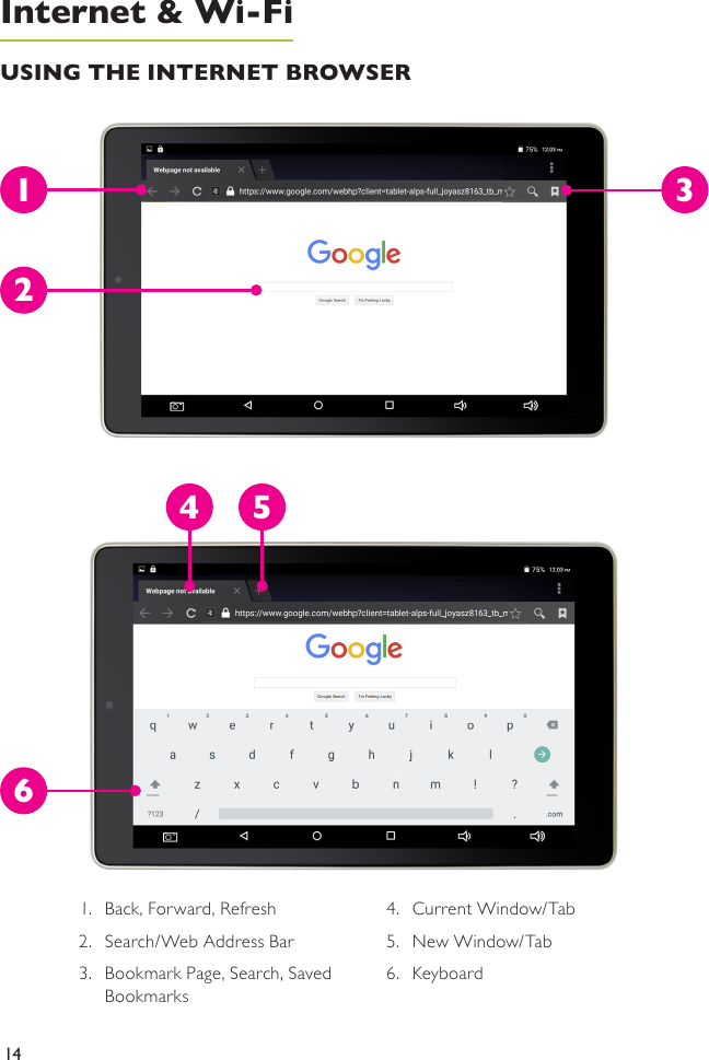 141.  Back, Forward, Refresh2.  Search/Web Address Bar3.  Bookmark Page, Search, Saved Bookmarks 4.  Current Window/Tab5.  New Window/Tab6.  KeyboardUSING THE INTERNET BROWSER14 5632Internet &amp; Wi-Fi