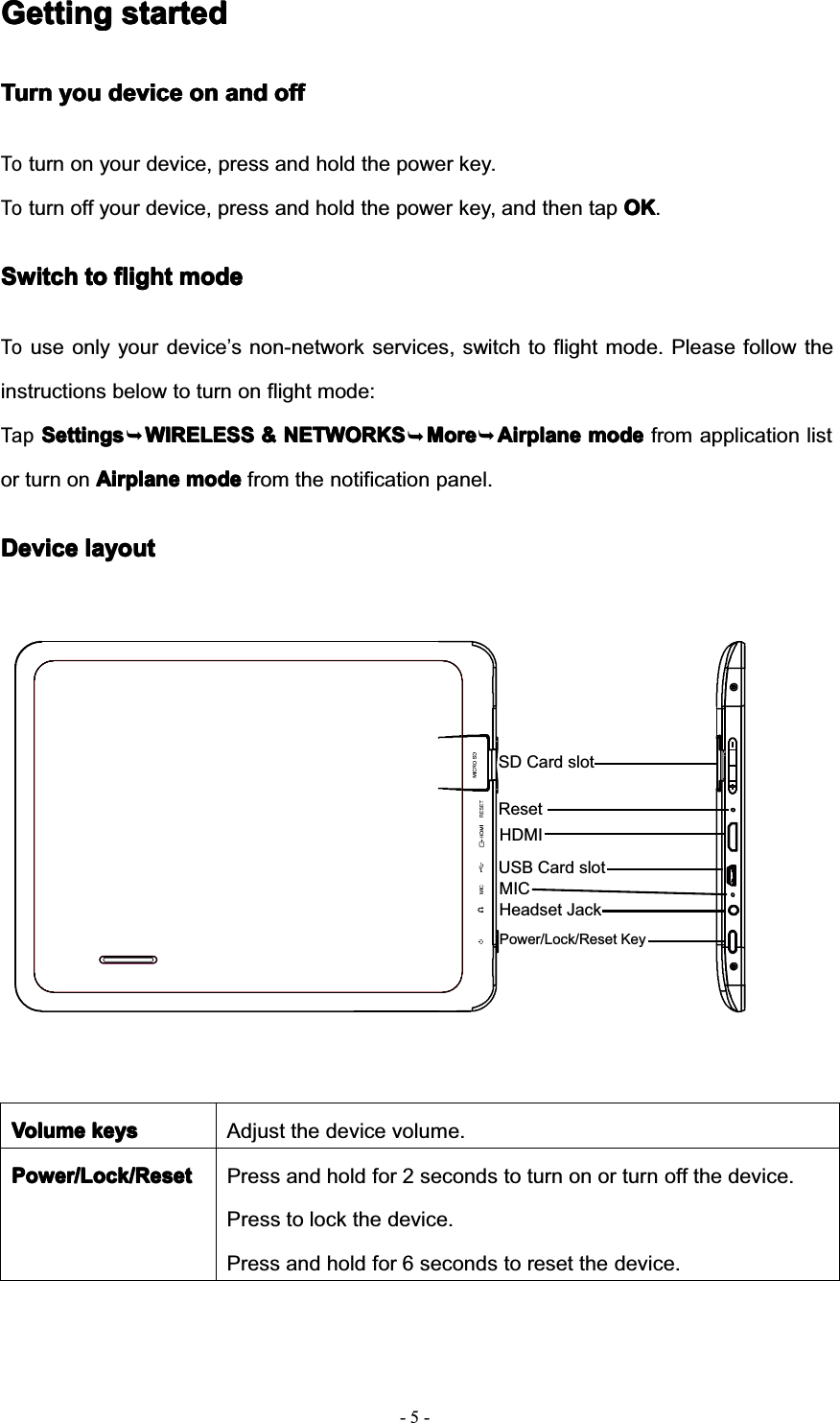 SD Card slot5--GettingGettingGettingGetting startedstartedstartedstartedTurnTurnTurnTurn youyouyouyou devicedevicedevicedevice onononon andandandand offoffoffoffToturn on your device, press and hold the power key.Toturn off your device, press and hold the power key, and then tap OKOKOKOK.SwitchSwitchSwitchSwitch totototo flightflightflightflight modemodemodemodeTouse only your device’s non-network services, switch to flight mode. Please follow theinstructions below to turn on flight mode:TapSettingsSettingsSettingsSettings WIRELESSWIRELESSWIRELESSWIRELESS &amp;&amp;&amp;&amp; NETWORKSNETWORKSNETWORKSNETWORKS MoreMoreMoreMore AirplaneAirplaneAirplaneAirplane modemodemodemode from application listor turn on AirplaneAirplaneAirplaneAirplane modemodemodemode from the notification panel.DeviceDeviceDeviceDevice layoutlayoutlayoutlayoutVolumeVolumeVolumeVolume keyskeyskeyskeys Adjust the device volume.Power/Lock/ResetPower/Lock/ResetPower/Lock/ResetPower/Lock/Reset Press and hold for 2 seconds to turn on or turn off the device.Press to lock the device.Press and hold for 6 seconds to reset the device.Headset JackUSB Card slotMICPower/Lock/Reset KeyHDMIReset¬¬¬