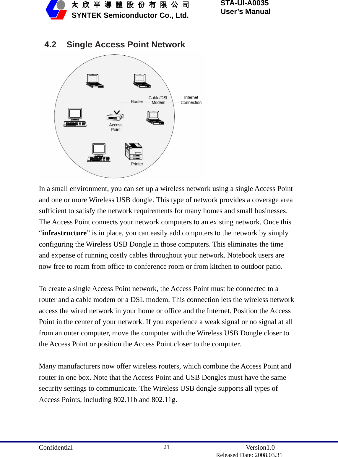  Confidential               Version1.0                          Released Date: 2008.03.31 21   太 欣 半 導 體 股 份 有 限 公 司       SYNTEK Semiconductor Co., Ltd. STA-UI-A0035 User’s Manual  4.2  Single Access Point Network  In a small environment, you can set up a wireless network using a single Access Point and one or more Wireless USB dongle. This type of network provides a coverage area sufficient to satisfy the network requirements for many homes and small businesses. The Access Point connects your network computers to an existing network. Once this “infrastructure” is in place, you can easily add computers to the network by simply configuring the Wireless USB Dongle in those computers. This eliminates the time and expense of running costly cables throughout your network. Notebook users are now free to roam from office to conference room or from kitchen to outdoor patio.  To create a single Access Point network, the Access Point must be connected to a router and a cable modem or a DSL modem. This connection lets the wireless network access the wired network in your home or office and the Internet. Position the Access Point in the center of your network. If you experience a weak signal or no signal at all from an outer computer, move the computer with the Wireless USB Dongle closer to the Access Point or position the Access Point closer to the computer.  Many manufacturers now offer wireless routers, which combine the Access Point and router in one box. Note that the Access Point and USB Dongles must have the same security settings to communicate. The Wireless USB dongle supports all types of Access Points, including 802.11b and 802.11g.  