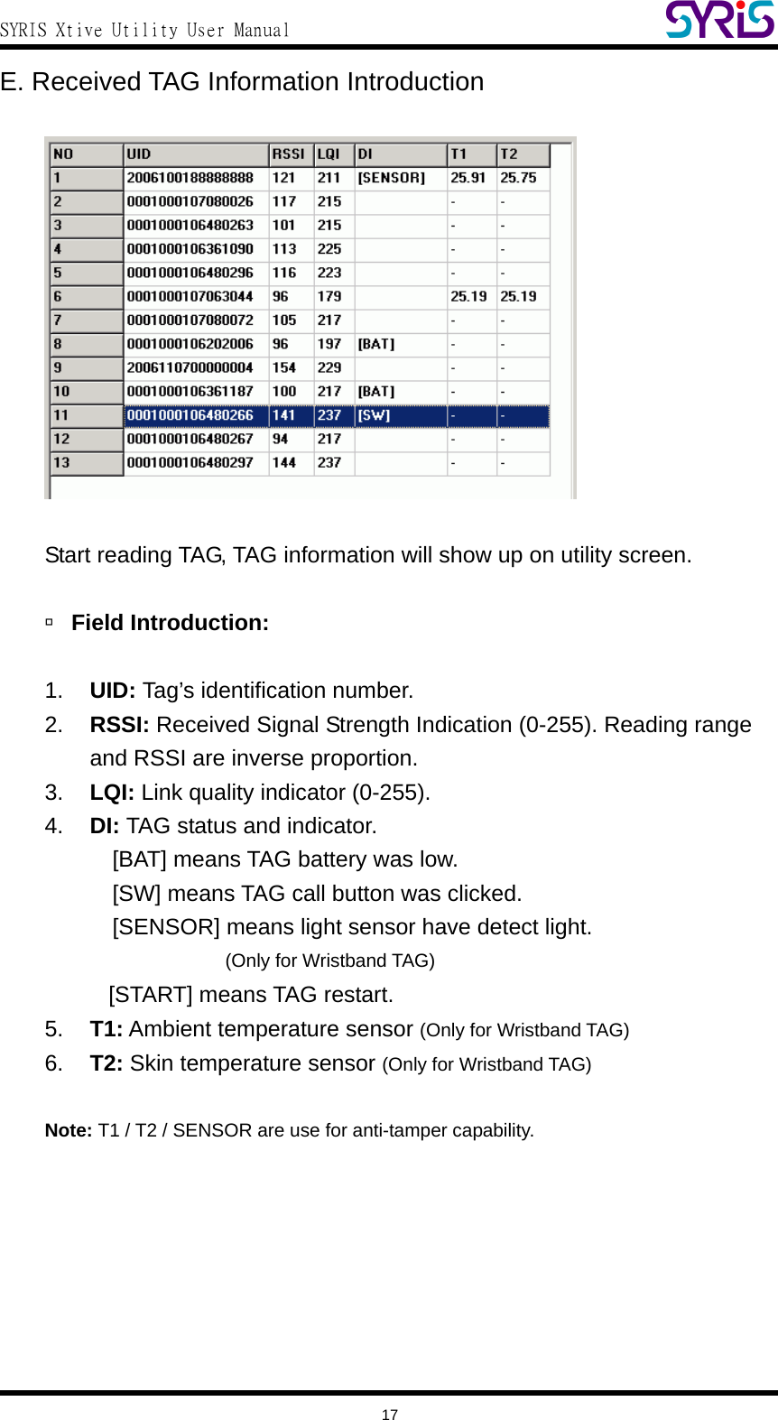  SYRIS Xtive Utility User Manual  E. Received TAG Information Introduction    Start reading TAG, TAG information will show up on utility screen.    à Field Introduction:  1.  UID: Tag’s identification number. 2.  RSSI: Received Signal Strength Indication (0-255). Reading range and RSSI are inverse proportion. 3.  LQI: Link quality indicator (0-255). 4.  DI: TAG status and indicator.     [BAT] means TAG battery was low.     [SW] means TAG call button was clicked.   [SENSOR] means light sensor have detect light.               (Only for Wristband TAG)   [START] means TAG restart. 5.  T1: Ambient temperature sensor (Only for Wristband TAG) 6.  T2: Skin temperature sensor (Only for Wristband TAG)  Note: T1 / T2 / SENSOR are use for anti-tamper capability.   17 