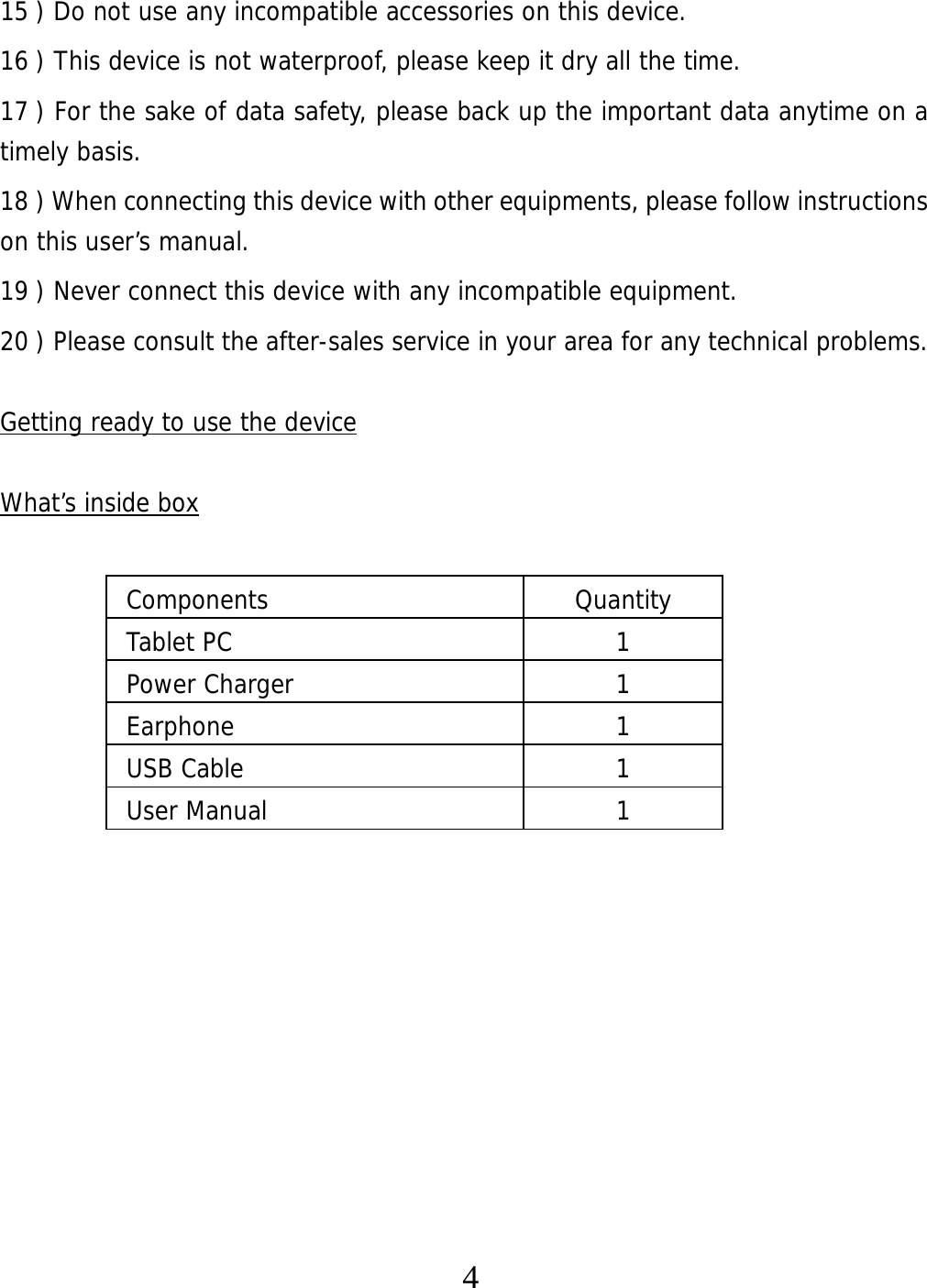   415 ) Do not use any incompatible accessories on this device.   16 ) This device is not waterproof, please keep it dry all the time. 17 ) For the sake of data safety, please back up the important data anytime on a timely basis. 18 ) When connecting this device with other equipments, please follow instructions on this user’s manual. 19 ) Never connect this device with any incompatible equipment. 20 ) Please consult the after-sales service in your area for any technical problems.  Getting ready to use the device  What’s inside box                       Components Quantity Tablet PC  1 Power Charger  1 Earphone 1 USB Cable  1 User Manual   1 