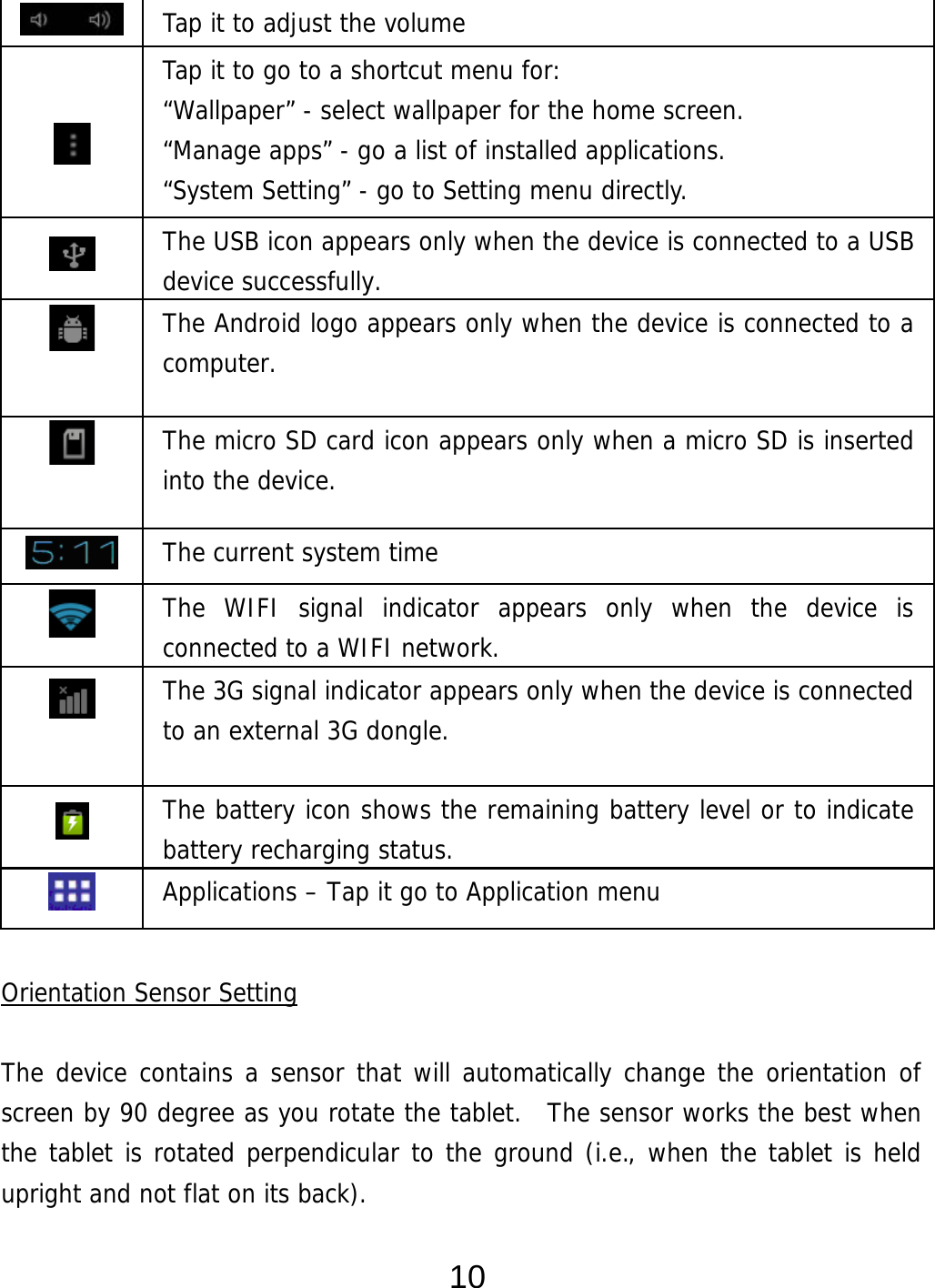  10  Tap it to adjust the volume     Tap it to go to a shortcut menu for: “Wallpaper” - select wallpaper for the home screen. “Manage apps” - go a list of installed applications. “System Setting” - go to Setting menu directly.  The USB icon appears only when the device is connected to a USB device successfully.   The Android logo appears only when the device is connected to a computer.   The micro SD card icon appears only when a micro SD is inserted into the device.  The current system time  The WIFI signal indicator appears only when the device is connected to a WIFI network.   The 3G signal indicator appears only when the device is connected to an external 3G dongle.  The battery icon shows the remaining battery level or to indicate battery recharging status.  Applications – Tap it go to Application menu  Orientation Sensor Setting  The device contains a sensor that will automatically change the orientation of  screen by 90 degree as you rotate the tablet.  The sensor works the best when the tablet is rotated perpendicular to the ground (i.e., when the tablet is held upright and not flat on its back). 