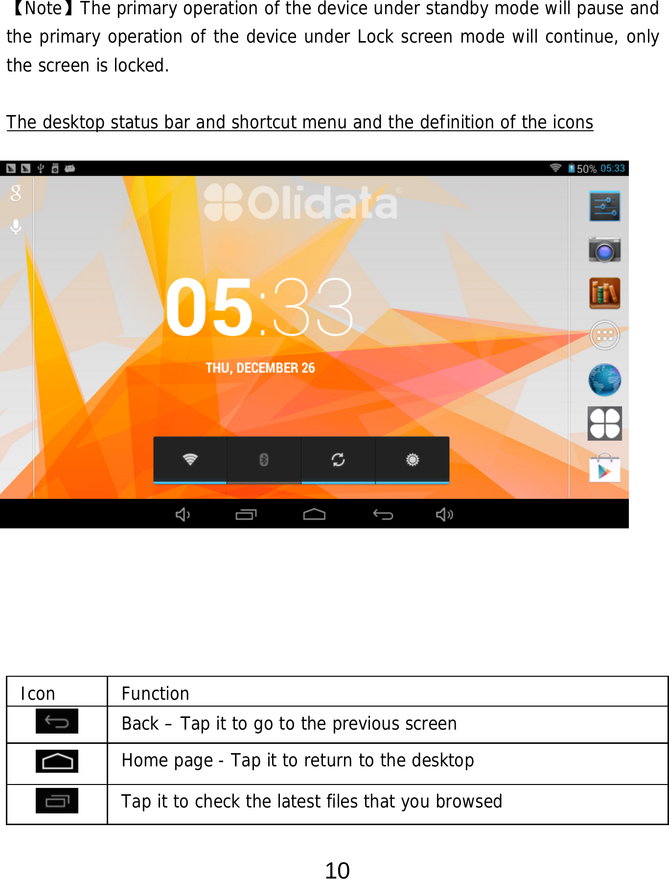  10  【Note】The primary operation of the device under standby mode will pause and the primary operation of the device under Lock screen mode will continue, only  the screen is locked.  The desktop status bar and shortcut menu and the definition of the icons                    Icon Function  Back – Tap it to go to the previous screen  Home page - Tap it to return to the desktop  Tap it to check the latest files that you browsed 