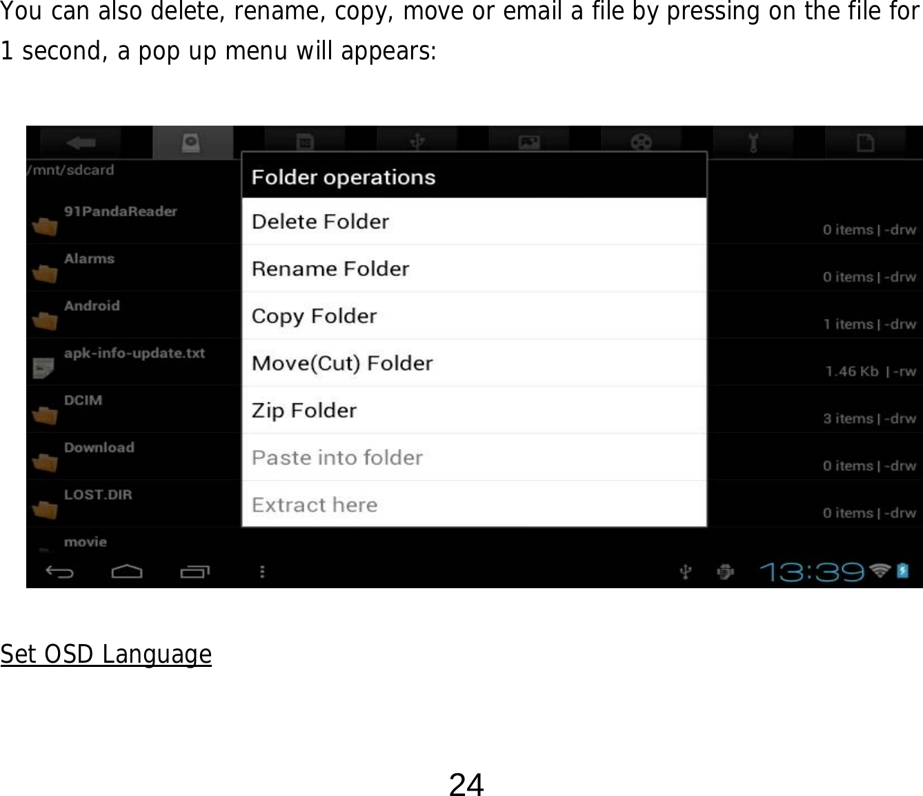  24             You can also delete, rename, copy, move or email a file by pressing on the file for 1 second, a pop up menu will appears:               Set OSD Language  