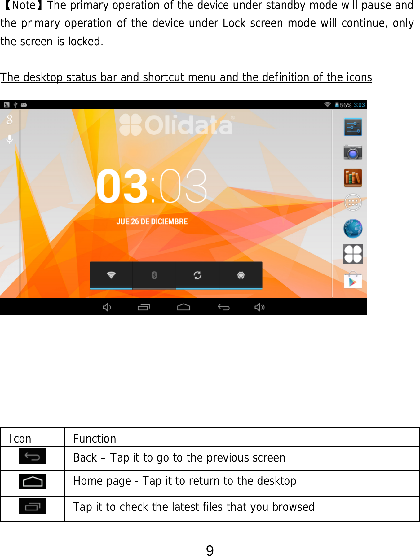  9  【Note】The primary operation of the device under standby mode will pause and the primary operation of the device under Lock screen mode will continue, only  the screen is locked.  The desktop status bar and shortcut menu and the definition of the icons                    Icon Function  Back – Tap it to go to the previous screen  Home page - Tap it to return to the desktop  Tap it to check the latest files that you browsed 