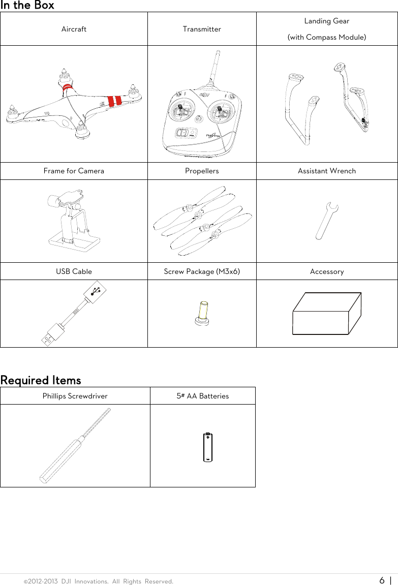  ©2012-2013  DJI  Innovations.  All  Rights  Reserved.                                                                                     6  |   In the Box Aircraft Transmitter Landing Gear   (with Compass Module)    Frame for Camera Propellers   Assistant Wrench    USB Cable Screw Package (M3x6) Accessory     Required Items Phillips Screwdriver 5# AA Batteries     