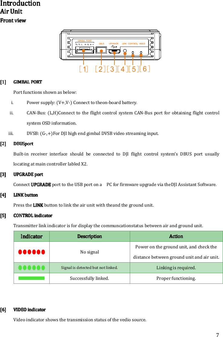 7 IntroductionIntroductionIntroductionIntroduction    Air Air Air Air UnitUnitUnitUnit    Front viewFront viewFront viewFront view     [1][1][1][1] GIMBAL PORTGIMBAL PORTGIMBAL PORTGIMBAL PORT    Port functions shown as below: i. Power supply: (V+,V-) Connect to theon-board battery. ii. CAN-Bus:  (L,H)Connect to  the  flight control  system CAN-Bus  port  for obtaining  flight control system OSD information. iii. DVSB: (G-,+)For DJI high end gimbal DVSB video streaming input. [2][2][2][2] DBUSDBUSDBUSDBUSportportportport    Built-in  receiver  interface  should  be  connected  to  DJI  flight  control  system’s  DBUS  port  usually locating at main controller labled X2. [3][3][3][3] UPGRADEUPGRADEUPGRADEUPGRADE    portportportport    Connect UPGRADEUPGRADEUPGRADEUPGRADE port to the USB port on a    PC for firmware upgrade via theDJI Assistant Software. [4][4][4][4] LINKLINKLINKLINK    buttonbuttonbuttonbutton    Press the LINKLINKLINKLINK button to link the air unit with theand the ground unit. [5][5][5][5] CONTROLCONTROLCONTROLCONTROL    indicatorindicatorindicatorindicator    Transmitter link indicator is for display the communcationstatus between air and ground unit. IndicatorIndicatorIndicatorIndicator    DescriptionDescriptionDescriptionDescription    ActionActionActionAction     No signal Power on the ground unit, and check the distance between ground unit and air unit.     Signal is detected but not linked. Linking is required.     Successfully linked. Proper functioning.         [6][6][6][6] VIDEOVIDEOVIDEOVIDEO    indicatorindicatorindicatorindicator    Video indicator shows the transmission status of the vedio source.   [ ]1[ ]2[ ]3[ ]4[ ]5[ ]6