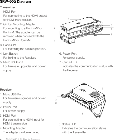 4 © 2016 DJI All Rights Reserved. SRW-60G Diagram1. Micro USB Port For rmware upgrades and power supply.2. Power PortFor power supply.3. HDMI PortFor connecting to HDMI input for HDMI transmission.4. Mounting AdapterThe adapter can be removed. Receiver123545. Status LEDIndicates the communication status with the Transmitter.Transmitter1. HDMI PortFor connecting to the HDMI output for HDMI transmission.2. Gimbal Mounting AdapterFor mounting to a Ronin-MX or Ronin-M. The adapter can be removed when not used with the Ronin-MX or Ronin-M.3. Cable SlotFor fastening the cable in position. 4. Link ButtonFor linking to the Receiver.5. Micro USB Port For rmware upgrades and power supply.6. Power PortFor power supply.7. Status LEDIndicates the communication status with the Receiver.1267543