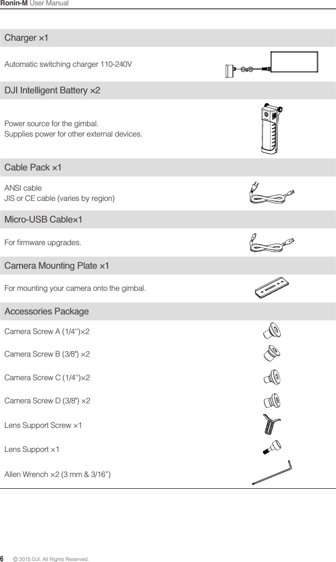 Ronin-M User Manual6 © 2015 DJI. All Rights Reserved. Charger ×1Automatic switching charger 110-240VDJI Intelligent Battery ×2Power source for the gimbal.Cable Pack ×1Micro-USB Cable×1Camera Mounting Plate ×1For mounting your camera onto the gimbal.Accessories Package