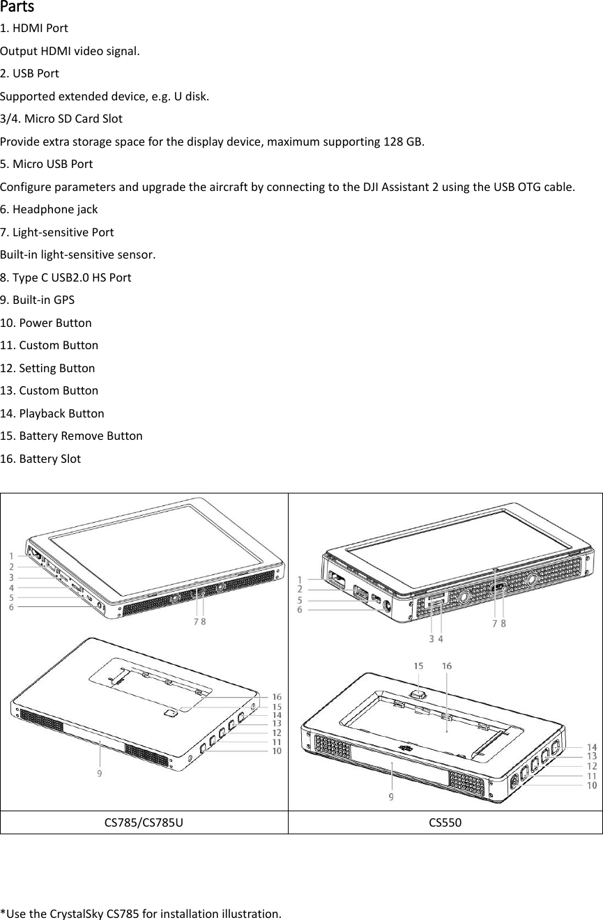  Parts 1. HDMI Port Output HDMI video signal. 2. USB Port Supported extended device, e.g. U disk. 3/4. Micro SD Card Slot Provide extra storage space for the display device, maximum supporting 128 GB. 5. Micro USB Port Configure parameters and upgrade the aircraft by connecting to the DJI Assistant 2 using the USB OTG cable. 6. Headphone jack 7. Light-sensitive Port Built-in light-sensitive sensor. 8. Type C USB2.0 HS Port 9. Built-in GPS 10. Power Button 11. Custom Button 12. Setting Button 13. Custom Button 14. Playback Button 15. Battery Remove Button 16. Battery Slot      CS785/CS785U CS550    *Use the CrystalSky CS785 for installation illustration.   