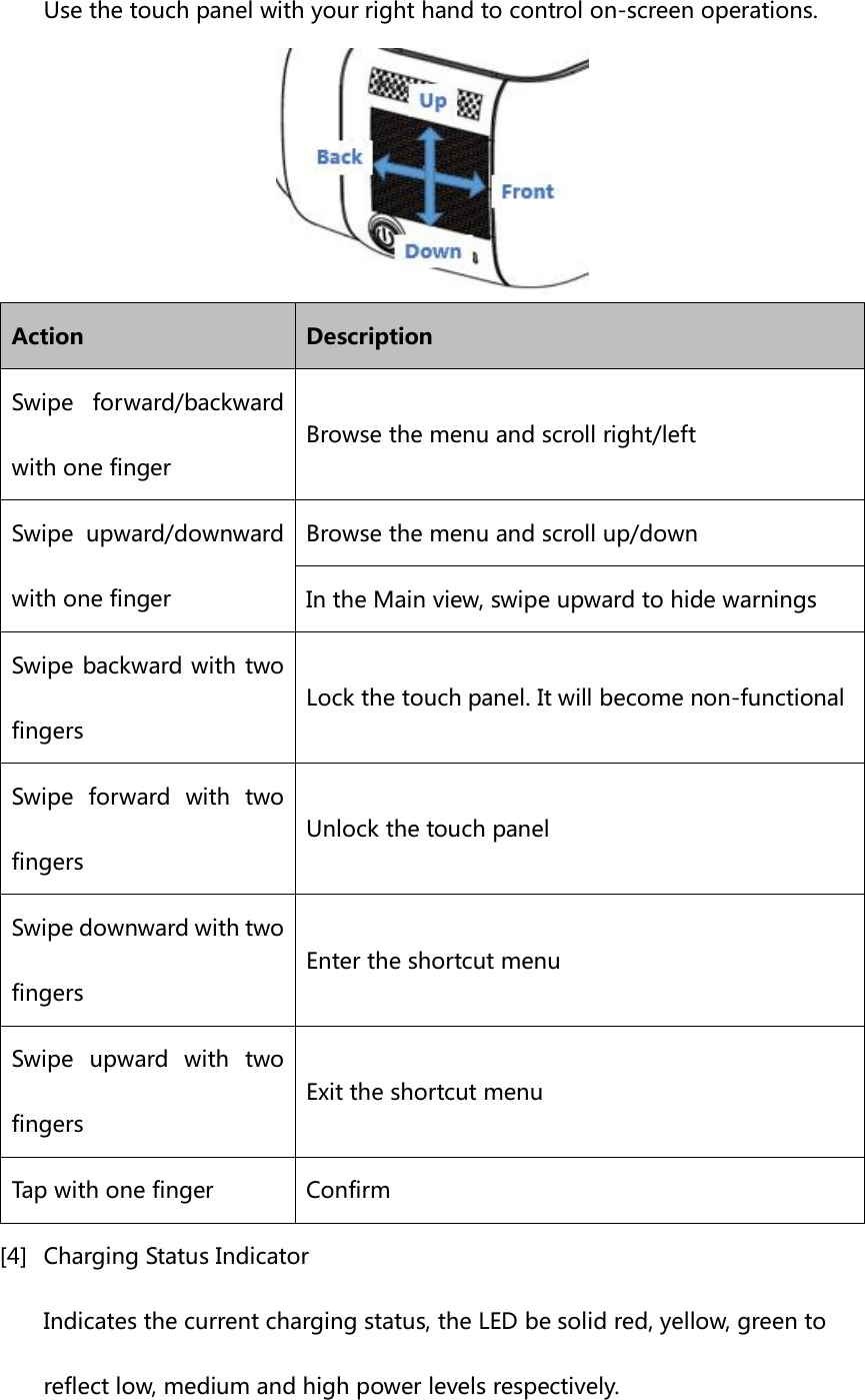 Use the touch panel with your right hand to control on-screen operations.  Action Description Swipe  forward/backward with one finger Browse the menu and scroll right/left Swipe  upward/downward with one finger Browse the menu and scroll up/down In the Main view, swipe upward to hide warnings Swipe backward with two fingers Lock the touch panel. It will become non-functional   Swipe  forward  with  two fingers Unlock the touch panel Swipe downward with two fingers Enter the shortcut menu Swipe  upward  with  two fingers Exit the shortcut menu Tap with one finger Confirm [4] Charging Status Indicator Indicates the current charging status, the LED be solid red, yellow, green to reflect low, medium and high power levels respectively. 