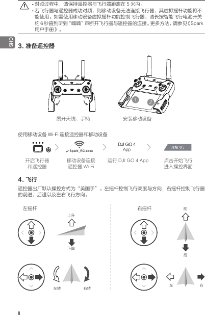 8 CHS展开天线、手柄 安装移动设备使用移动设备 Wi-Fi 连接遥控器和移动设备DJI GO 4AppSpark_RC-xxxx4. 飞行遥控器出厂默认操控方式为“美国手”。左摇杆控制飞行高度与方向，右摇杆控制飞行器的前进，后退以及左右飞行方向。12开启飞行器和遥控器移动设备连接遥控器 Wi-Fi运行 DJI GO 4 App 点击开始飞行进入操控界面左摇杆 右摇杆上升左转 右转 左 右前后下降 对频过程中，请保持遥控器与飞行器距离在 5米内。 若飞行器与遥控器成功对频，则移动设备无法连接飞行器，其虚拟摇杆功能将不能使用。如需使用移动设备虚拟摇杆功能控制飞行器，请长按智能飞行电池开关约6秒直到听到“嘀嘀”声断开飞行器与遥控器的连接。更多方法，请参见《Spark用户手册》。3. 准备遥控器