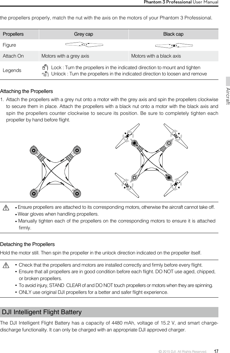 © 2015 DJI. All Rights Reserved.  17AircraftPhantom 3 Professional User Manual  Ensure propellers are attached to its corresponding motors, otherwise the aircraft cannot take off.  Wear gloves when handling propellers.  Manually tighten each of the propellers on the corresponding motors to ensure it is attached rmly.Detaching the Propellers Hold the motor still. Then spin the propeller in the unlock direction indicated on the propeller itself.   Check that the propellers and motors are installed correctly and rmly before every ight.   Ensure that all propellers are in good condition before each ight. DO NOT use aged, chipped, or broken propellers.  To avoid injury, STAND  CLEAR of and DO NOT touch propellers or motors when they are spinning. ONLY use original DJI propellers for a better and safer ight experience. DJI Intelligent Flight BatteryThe DJI Intelligent Flight Battery has a capacity of 4480 mAh, voltage of 15.2 V, and smart charge-discharge functionality. It can only be charged with an appropriate DJI approved charger.the propellers properly, match the nut with the axis on the motors of your Phantom 3 Professional.Propellers  Grey cap Black capFigure   Attach On Motors with a grey axis  Motors with a black axisLegends    Lock : Turn the propellers in the indicated direction to mount and tighten  Unlock : Turn the propellers in the indicated direction to loosen and remove Attaching the Propellers1.  Attach the propellers with a grey nut onto a motor with the grey axis and spin the propellers clockwise to secure them in place. Attach the propellers with a black nut onto a motor with the black axis and spin the propellers counter clockwise to secure its position. Be sure to completely tighten each propeller by hand before ight.