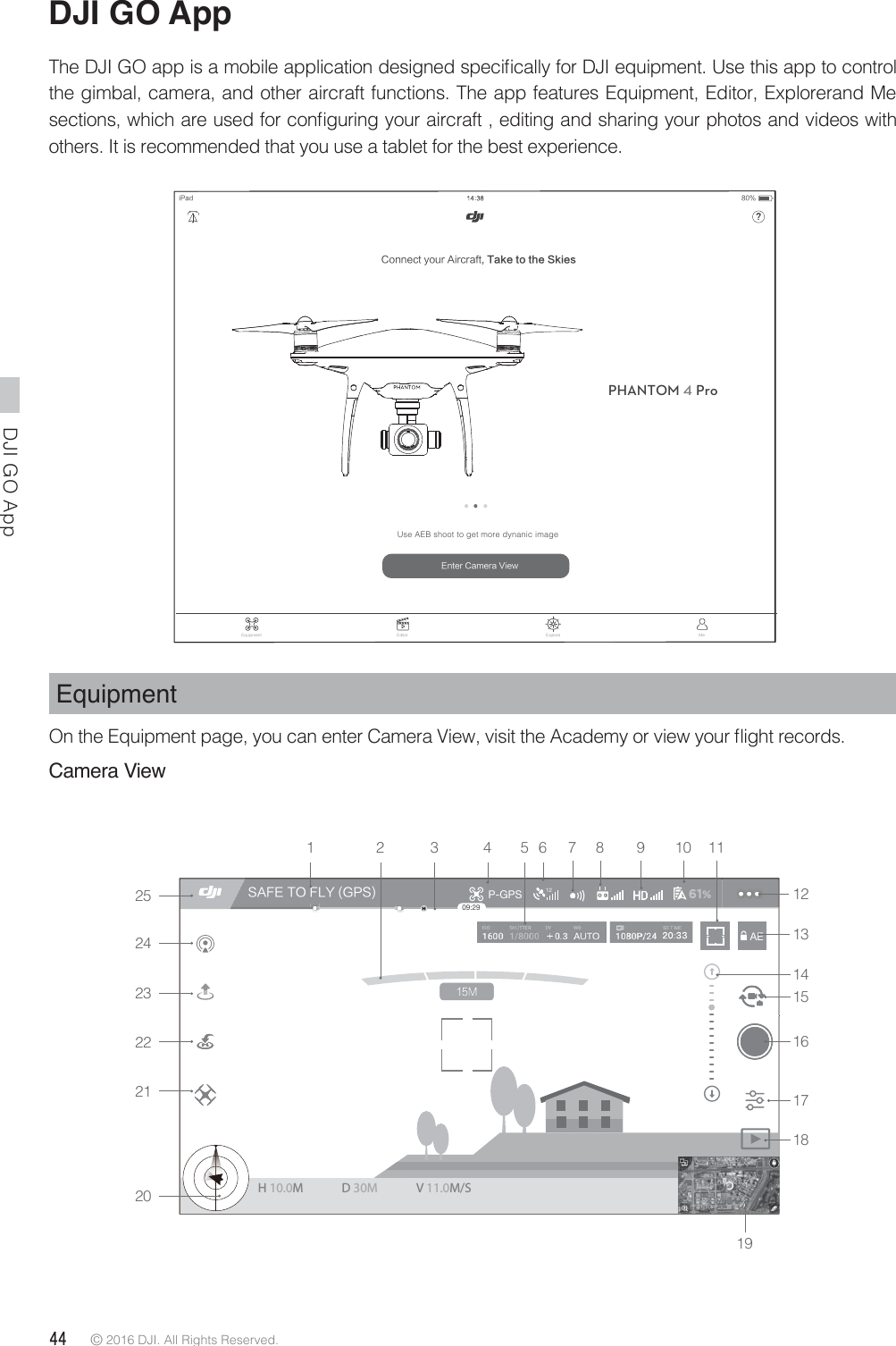 DJI GO App 44 © 2016 DJI. All Rights Reserved. DJI GO App5IF%+*(0BQQJTBNPCJMFBQQMJDBUJPOEFTJHOFETQFDJmDBMMZGPS%+*FRVJQNFOU6TFUIJTBQQUPDPOUSPMthe gimbal, camera, and other aircraft functions. The app features Equipment, Editor, Explorerand Me TFDUJPOTXIJDIBSFVTFEGPSDPOmHVSJOHZPVSBJSDSBGUFEJUJOHBOETIBSJOHZPVSQIPUPTBOEWJEFPTXJUIothers. It is recommended that you use a tablet for the best experience.Equipment0OUIF&amp;RVJQNFOUQBHFZPVDBOFOUFS$BNFSB7JFXWJTJUUIF&quot;DBEFNZPSWJFXZPVSnJHIUSFDPSETCamera ViewJ1BEPHANTOM 4 Pro$POOFDUZPVS&quot;JSDSBGU5BLFUPUIF4LJFTUse AEB shoot to get more dynanic image&amp;OUFS$BNFSB7JFX&amp;RVJQNFOU &amp;EJUPS &amp;YQMPSF .FJ1BEPHANTOM 4 Pro$POOFDUZPVS&quot;JSDSBGU5BLFUPUIF4LJFTUse AEB shoot to get more dynanic image&amp;OUFS$BNFSB7JFX&amp;RVJQNFOU &amp;EJUPS &amp;YQMPSF .FAE09:2961%P-GPS 12H 10.0MD 30M V 11.0M/S4&quot;&apos;&amp;50&apos;-:(14141516171819131220212223242510 11897654321