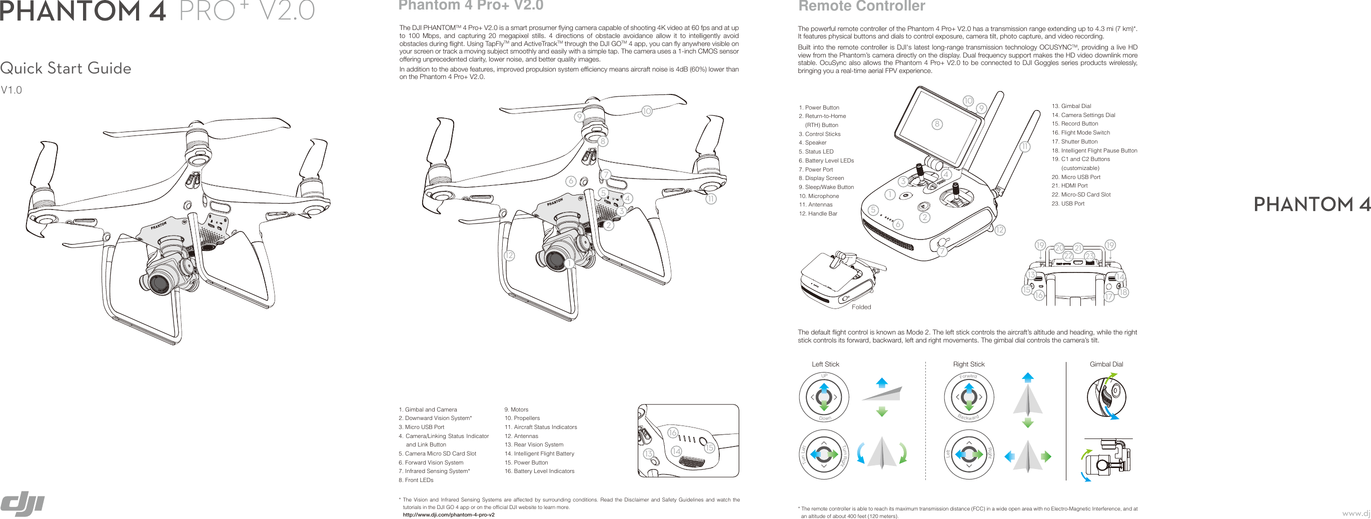 The default flight control is known as Mode 2. The left stick controls the aircraft’s altitude and heading, while the right stick controls its forward, backward, left and right movements. The gimbal dial controls the camera’s tilt.Quick Start GuideV1.0Phantom 4 Pro+ V2.0The DJI PHANTOMTM 4 Pro+ V2.0 is a smart prosumer flying camera capable of shooting 4K video at 60 fps and at up to 100 Mbps, and capturing 20 megapixel stills. 4 directions of obstacle avoidance allow it to intelligently avoid obstacles during flight. Using TapFlyTM and ActiveTrackTM through the DJI GOTM 4 app, you can fly anywhere visible on your screen or track a moving subject smoothly and easily with a simple tap. The camera uses a 1-inch CMOS sensor offering unprecedented clarity, lower noise, and better quality images.In addition to the above features, improved propulsion system efficiency means aircraft noise is 4dB (60%) lower than on the Phantom 4 Pro+ V2.0.Remote ControllerThe powerful remote controller of the Phantom 4 Pro+ V2.0 has a transmission range extending up to 4.3 mi (7 km)*. It features physical buttons and dials to control exposure, camera tilt, photo capture, and video recording.Built into the remote controller is DJI&apos;s latest long-range transmission technology OCUSYNCTM, providing a live HD view from the Phantom’s camera directly on the display. Dual frequency support makes the HD video downlink more stable. OcuSync also allows the Phantom 4 Pro+ V2.0 to be connected to DJI Goggles series products wirelessly, bringing you a real-time aerial FPV experience.* The remote controller is able to reach its maximum transmission distance (FCC) in a wide open area with no Electro-Magnetic Interference, and at an altitude of about 400 feet (120 meters). Left Stick Right StickUPDownTurn RightTurn LeftForwardBackwardRight LeftGimbal Dial1. Gimbal and Camera2. Downward Vision System*3. Micro USB Port4. Camera/Linking Status Indicator and Link Button5. Camera Micro SD Card Slot6. Forward Vision System7. Infrared Sensing System*8. Front LEDs* The Vision and Infrared Sensing Systems are affected by surrounding conditions. Read the Disclaimer and Safety Guidelines and watch the tutorials in the DJI GO 4 app or on the official DJI website to learn more.http://www.dji.com/phantom-4-pro-v21. Power Button2. Return-to-Home  (RTH) Button3. Control Sticks4. Speaker5. Status LED6. Battery Level LEDs7. Power Port8. Display Screen 9. Sleep/Wake Button 10. Microphone11. Antennas12. Handle BarFoldedwww.dji.com1413 151619 1913 1415 16 17 18202221231212354689101179. Motors10. Propellers11. Aircraft Status Indicators12. Antennas13. Rear Vision System14. Intelligent Flight Battery15. Power Button16. Battery Level Indicators13. Gimbal Dial14. Camera Settings Dial15. Record Button16. Flight Mode Switch17. Shutter Button18. Intelligent Flight Pause Button19. C1 and C2 Buttons  (customizable)20. Micro USB Port21. HDMI Port22. Micro-SD Card Slot23. USB PortV2.0612345891011127V2.0