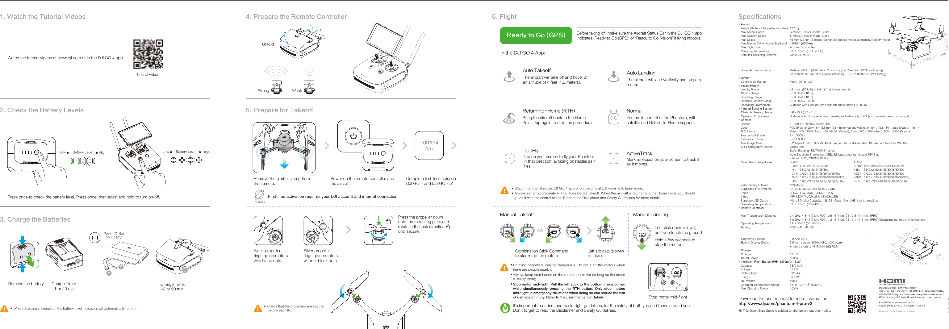 Using Phantom 4 Pro+ V2.02. Check the Battery Levels6. Flight1. Watch the Tutorial Videos  3. Charge the BatteriesWatch the tutorial videos at www.dji.com or in the DJI GO 4 app.Before taking off, make sure the Aircraft Status Bar in the DJI GO 4 app indicates ‘Ready to Go (GPS)’ or ‘Ready to Go (Vision)’ if flying indoors.Ready to Go (GPS)●  When charging is complete, the battery level indicators will automatically turn off.   5. Prepare for Takeoff4. Prepare the Remote Controller SpecificationsFirst-time activation requires your DJI account and internet connection.InternetHighLow Battery Level It’s important to understand basic flight guidelines, for the safety of both you and those around you. Don&apos;t forget to read the Disclaimer and Safety Guidelines.HighLow Battery Level UnfoldDownload the user manual for more information: http://www.dji.com/phantom-4-pro-v2※ This Quick Start Guide is subject to change without prior notice.DJI GO 4AppRemove the gimbal clamp from the camera.Power on the remote controller and the aircraft.WeakStrongPress once to check the battery level. Press once, then again and hold to turn on/off.Complete first-time setup in DJI GO 4 and tap GO FLY. ● Watch the tutorial in the DJI GO 4 app or on the official DJI website to learn more.● Always set an appropriate RTH altitude before takeoff. When the aircraft is returning to the Home Point, you should guide it with the control sticks. Refer to the Disclaimer and Safety Guidelines for more details.Charge Time:~2 hr 50 minPower Outlet100 -  240VRemove the battery. Charge Time:~1 hr 20 minIn the DJI GO 4 App:● Rotating propellers can be dangerous. Do not start the motors when there are people nearby.● Always keep your hands on the remote controller so long as the motor is still spinning.● Stop motor mid-flight: Pull the left stick to the bottom inside corner while simultaneously pressing the RTH button. Only stop motors mid-flight in emergency situations when doing so can reduce the risk of damage or injury. Refer to the user manual for details.Left stick up (slowly)to take offCombination Stick Commandto start/stop the motorsManual LandingLeft stick down (slowly)until you touch the groundHold a few seconds to stop the motorsManual TakeoffORABAuto TakeoffThe aircraft will take off and hover at an altitude of 4 feet (1.2 meters).Auto LandingThe aircraft will land vertically and stop its motors.Return-to-Home (RTH)Bring the aircraft back to the Home Point. Tap again to stop the procedure.NormalYou are in control of the Phantom, with satellite and Return-to-Home support.ActiveTrackMark an object on your screen to track it as it moves. TapFlyTap on your screen to fly your Phantom in that direction, avoiding obstacles as it flies.Stop motor mid-flight● Aircraft Weight (Battery &amp; Propellers Included)  1375 g Max Ascent Speed  S-mode: 6 m/s; P-mode: 5 m/s Max Descent Speed  S-mode: 4 m/s; P-mode: 3 m/s Max Speed 45 mph (72 kph) (S-mode); 36mph (58 kph) (A-mode); 31 mph (50 kph) (P-mode) Max Service Ceiling Above Sea Level  19685 ft (6000 m) Max Flight Time  Approx. 30 minutes Operating Temperature 32° to 104° F ( 0° to 40° C)  Satellite Positioning Systems GPS/GLONASS       Hover Accuracy Range  Vertical: ±0.1 m (With Vision Positioning); ±0.5 m (With GPS Positioning)    Horizontal: ±0.3 m (With Vision Positioning); ±1.5 m (With GPS Positioning)● Gimbal  Controllable Range  Pitch: -90° to +30°● Vision System Velocity Range  ≤31 mph (50 kph) at 6.6 ft (2 m) above ground Altitude Range  0 - 33 ft (0 - 10 m) Operating Range  0 - 33 ft (0 - 10 m) Obstacle Sensory Range  2 - 98 ft (0.7 - 30 m)  Operating Environment  Surfaces with clear patterns and adequate lighting (&gt; 15 lux)● Infrared Sensing System Obstacle Sensory Range  0.6 - 23 ft (0.2 - 7 m) Operating Environment  Surface with diffuse reflection material, and reflectivity &gt; 8% (such as wall, trees, humans, etc.)● Camera Sensor  1’’ CMOS; Effective pixels: 20M Lens FOV (Field of View) 84°, 8.8 mm (35 mm format equivalent: 24 mm), f/2.8 - f/11, auto focus at 1 m - ∞  ISO Range  Video: 100 - 3200 (Auto); 100 - 6400 (Manual); Photo: 100 - 3200 (Auto); 100 - 12800 (Manual)  Mechanical Shutter   8 - 1/2000 s  Electronic Shutter  8 - 1/8000 s Max Image Size  3:2 Aspect Ratio: 5472×3648; 4:3 Aspect Ratio: 4864×3648; 16:9 Aspect Ratio: 5472×3078  Still Photography Modes  Single Shot     Burst Shooting: 3/5/7/10/14 frames     Auto Exposure Bracketing (AEB): 3/5 bracketed frames at 0.7EV Bias     Interval: 2/3/5/7/10/15/30/60 s  Video Recording Modes  H.265                                H.264   ・C4K:  4096×2160 24/25/30p       ・C4K:  4096×2160 24/25/30/48/50/60p   ・4K:  3840×2160 24/25/30p      ・4K:  3840×2160 24/25/30/48/50/60p   ・2.7K:  2720×1530 24/25/30/48/50/60p    ・2.7K:  2720×1530 24/25/30/48/50/60p    ・FHD:  1920×1080 24/25/30/48/50/60/120p    ・FHD:  1920×1080 24/25/30/48/50/60/120p   ・HD:  1280×720 24/25/30/48/50/60/120p    ・HD:  1280×720 24/25/30/48/50/60/120p  Video Storage Bitrate  100 Mbps     Supported File Systems  FAT32 (≤ 32 GB); exFAT (&gt; 32 GB)  Photo  JPEG, RAW (DNG), JPEG + RAW       Video  MP4/MOV (AVC/H.264; HEVC/H.265)     Supported SD Cards  Micro SD, Max Capacity: 128 GB. Class 10 or UHS-1 rating required  Operating Temperature  32° to 104° F (0° to 40° C)● Remote Controller  Max Transmission Distance  2.4 GHz: 4.3 mi (7 km, FCC); 2.5 mi (4 km, CE); 2.5 mi (4 km, SRRC)   5.8 GHz: 4.3 mi (7 km, FCC); 1.2 mi (2 km, CE); 3.1 mi (5 km, SRRC) (Unobstructed, free of interference)  Operating Temperature  32° - 104° F (0° - 40° C)  Battery  6000 mAh LiPo 2S ）    ）  Operating Voltage  1.2 A @ 7.4 V  Built-in Display Device  5.5 inch screen, 1920×1080, 1000 cd/m2     Android system, 4G RAM＋16G ROM● Charger  Voltage  17.4 V  Rated Power  100 W   ● Intelligent Flight Battery (PH4-5870mAh-15.2V)  Capacity  5870 mAh  Voltage  15.2 V  Battery Type  LiPo 4S Energy  89.2 Wh  Net Weight  468 g  Charging Temperature Range  41° to 104° F (5° to 40° C)  Max Charging Power  100 W DJI incorporates HDMITM technology.The terms HDMI and HDMI High-Definition Multimedia Interface, and the HDMI Logo are trademarks or registered trademarks of HDMI Licensing LLC in the United States and other countries.Tutorial VideosDesigned by DJI. Printed in China.ABYC.BZ.SS000361.01●  Check that the propellers are secure before each flight.Silver propeller rings go on motors without black dots.Black propeller rings go on motors with black dots.Press the propeller down onto the mounting plate and rotate in the lock direction      until secure. 182 mm172 mm132 mm71 mmPHANTOM  is a trademark of DJI.Copyright © 2018 DJI All Rights Reserved.289.5 mm289.5 mm196 mm