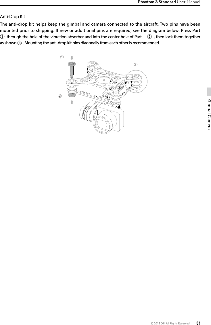 © 2015 DJI. All Rights Reserved.  31Gimbal CameraPhantom 3 Standard User Manual ②①③Anti-Drop KitThe anti-drop kit helps keep the gimbal and camera connected to the aircraft. Two pins have been mounted prior to shipping. If new or additional pins are required, see the diagram below. Press Part ①through the hole of the vibration absorber and into the center hole of Part  ②, then lock them together as shown ③. Mounting the anti-drop kit pins diagonally from each other is recommended. 