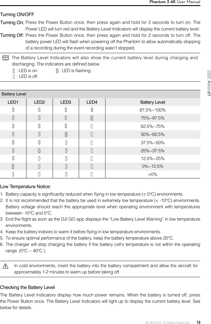 © 2015 DJI. All Rights Reserved.  19AircraftPhantom 3 4K User Manual Turning ON/OFFTurning On:  Press the Power Button once, then press again and hold for 2 seconds to turn on. The Power LED will turn red and the Battery Level Indicators will display the current battery level. Turning Off:  Press the Power Button once, then press again and hold for 2 seconds to turn off. The  battery power LED will ash when powering off the Phantom to allow automatically stopping of a recording during the event recording wasn’t stopped.Low Temperature Notice:1.  Battery capacity is signicantly reduced when ying in low temperature (&lt; 0°C) environments.2.  It is not recommended that the battery be used in extremely low temperature (&lt; -10°C) environments. Battery voltage should reach the appropriate level when operating environment with temperatures between -10°C and 5°C.3.  End the ight as soon as the DJI GO app displays the “Low Battery Level Warning” in low temperature environments.4.  Keep the battery indoors to warm it before ying in low temperature environments.5.  To ensure optimal performance of the battery, keep the battery temperature above 20°C.6.  The charger will stop charging the battery if the battery cell’s temperature is not within the operating range  (0°C ~ 40°C ).In cold environments, insert the battery into the battery compartment and allow the aircraft for approximately 1-2 minutes to warm up before taking off.Checking the Battery Level The Battery Level Indicators display how much power remains. When the battery is turned off, press the Power Button once. The Battery Level Indicators will light up to display the current battery level. See below for details.Battery Level LED1 LED2 LED3 LED4 Battery Level87.5%~100% 75%~87.5% 62.5%~75%     50%~62.5%     37.5%~50%       25%~37.5%       12.5%~25%         0%~12.5%         =0%The Battery Level Indicators will also show the current battery level during charging and discharging. The indicators are dened below.   : LED is on.         : LED is ashing.   : LED is off.