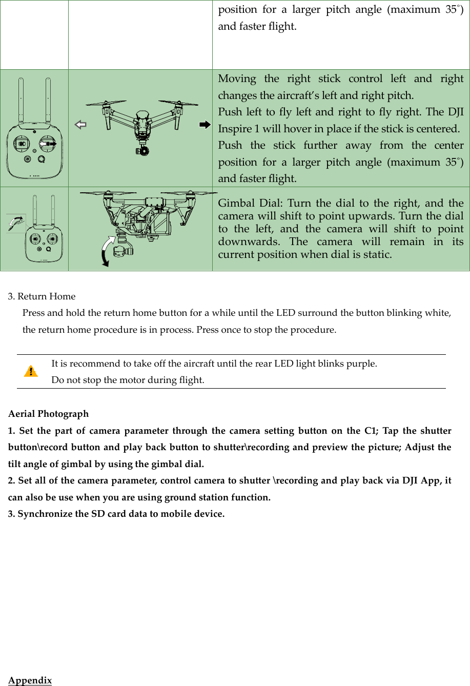3.RePthAeri1.Sebuttotilta2.Secana3.SyAppeturnHomePressandholdhereturnhomItisrecoDonotsialPhotographetthepartofon\recordbutangleofgimbetallofthecaalsobeusewhynchronizethpendixdthereturnhomeprocedureiommendtotastopthemotohfcameraparattonandplayalbyusingthameraparamehenyouareueSDcarddatomebuttonforisinprocess.Pakeofftheaircrduringflighameterthrougybackbuttonhegimbaldialeter,controlcausinggroundtatomobiledpositionandfastMovingchangesPushlefInspire1PushthpositionandfastGimbalcameratotheldownwcurrentrawhileuntilPressoncetoscraftuntiltherht.ghthecameratoshutter\rel.ameratoshutstationfunctidevice.nforalargeterflight.therightstheaircraft’fttoflyleft1willhoverhestickfunforalargeterflight.Dial:Turnwillshifttoleft,andthards.ThepositionwhltheLEDsurrstoptheprocerearLEDlightasettingbuttcordingandptter\recordingion.erpitchangstickcontr’sleftandrigandrighttoinplaceifthrtherawayerpitchangthedialtoopointupwhecamerawcamerawhendialisstroundthebuttedure.tblinkspurpletonontheCpreviewthepgandplaybagle(maximurolleftandghtpitch.oflyright.Thestickiscenyfromthegle(maximutheright,aards.Turntwillshifttoillremaintatic.tonblinkingwe.C1;Taptheshpicture;AdjusackviaDJIApum35˚)drightTheDJIntered.centerum35˚)andthethedialopointinitswhite,hutterstthepp,it