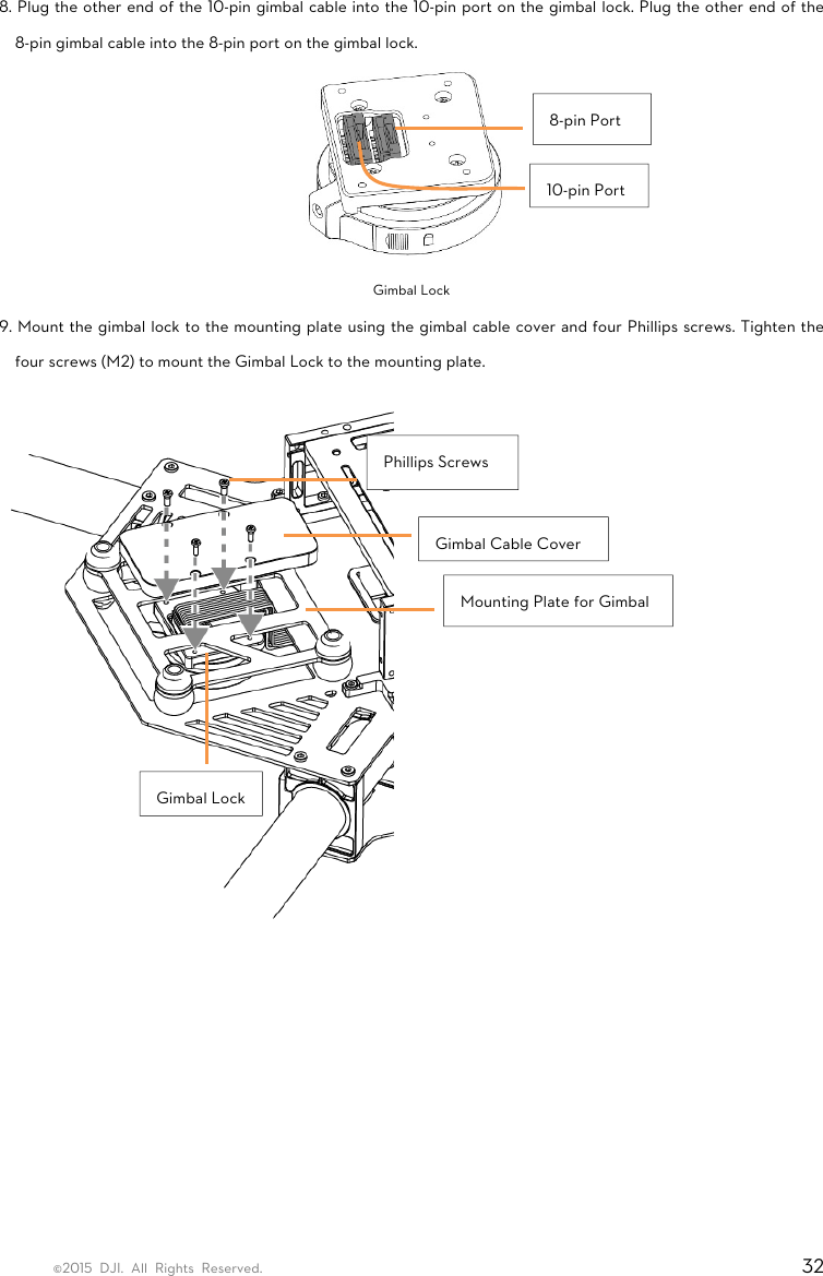 ©2015 DJI. All Rights Reserved.                                                                         32 8. Plug the other end of the 10-pin gimbal cable into the 10-pin port on the gimbal lock. Plug the other end of the 8-pin gimbal cable into the 8-pin port on the gimbal lock.  Gimbal Lock 9. Mount the gimbal lock to the mounting plate using the gimbal cable cover and four Phillips screws. Tighten the four screws (M2) to mount the Gimbal Lock to the mounting plate.          8-pin Port 10-pin PortGimbal Cable CoverPhillips Screws Gimbal LockMounting Plate for Gimbal 