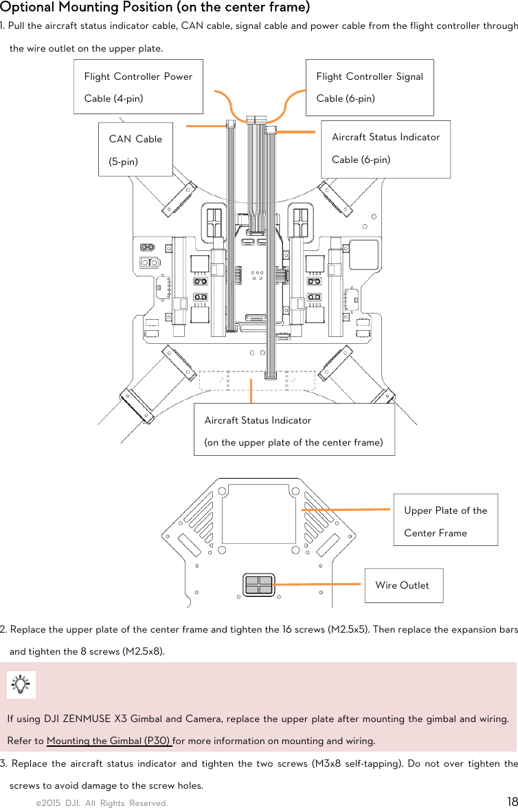 ©2015 DJI. All Rights Reserved.                                                                         18 Optional Mounting Position (on the center frame) 1. Pull the aircraft status indicator cable, CAN cable, signal cable and power cable from the flight controller through the wire outlet on the upper plate.     2. Replace the upper plate of the center frame and tighten the 16 screws (M2.5x5). Then replace the expansion bars and tighten the 8 screws (M2.5x8).   If using DJI ZENMUSE X3 Gimbal and Camera, replace the upper plate after mounting the gimbal and wiring. Refer to Mounting the Gimbal (P30) for more information on mounting and wiring. 3. Replace the aircraft status indicator and tighten the two screws (M3x8 self-tapping). Do not over tighten the screws to avoid damage to the screw holes.   CAN Cable (5-pin) Aircraft Status Indicator Cable (6-pin) Flight Controller Power Cable (4-pin) Flight Controller Signal Cable (6-pin) Aircraft Status Indicator (on the upper plate of the center frame) Wire Outlet Upper Plate of the Center Frame 