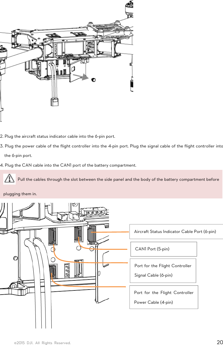 ©2015 DJI. All Rights Reserved.                                                                         20   2. Plug the aircraft status indicator cable into the 6-pin port. 3. Plug the power cable of the flight controller into the 4-pin port. Plug the signal cable of the flight controller into the 6-pin port. 4. Plug the CAN cable into the CAN1 port of the battery compartment.   Pull the cables through the slot between the side panel and the body of the battery compartment before plugging them in.  Aircraft Status Indicator Cable Port (6-pin) CAN1 Port (5-pin) Port for the Flight Controller Power Cable (4-pin) Port for the Flight Controller Signal Cable (6-pin) 