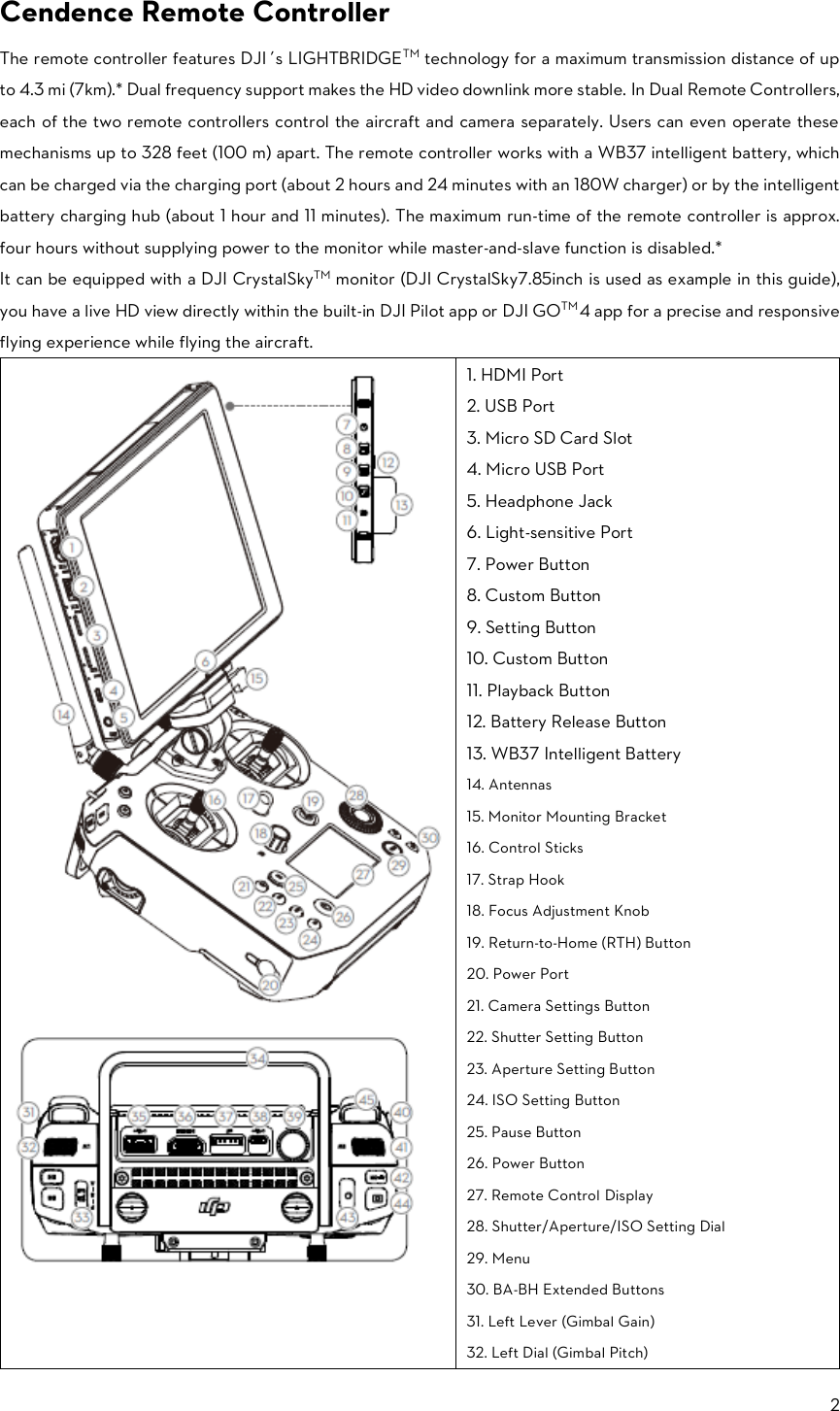 2  Cendence Remote Controller   The remote controller features DJI’s LIGHTBRIDGETM technology for a maximum transmission distance of up to 4.3 mi (7km).* Dual frequency support makes the HD video downlink more stable. In Dual Remote Controllers, each of the two remote controllers control the aircraft and camera separately. Users can even operate these mechanisms up to 328 feet (100 m) apart. The remote controller works with a WB37 intelligent battery, which can be charged via the charging port (about 2 hours and 24 minutes with an 180W charger) or by the intelligent battery charging hub (about 1 hour and 11 minutes). The maximum run-time of the remote controller is approx. four hours without supplying power to the monitor while master-and-slave function is disabled.* It can be equipped with a DJI CrystalSkyTM monitor (DJI CrystalSky7.85inch is used as example in this guide), you have a live HD view directly within the built-in DJI Pilot app or DJI GOTM 4 app for a precise and responsive flying experience while flying the aircraft.   1. HDMI Port 2. USB Port 3. Micro SD Card Slot 4. Micro USB Port 5. Headphone Jack 6. Light-sensitive Port 7. Power Button 8. Custom Button 9. Setting Button 10. Custom Button 11. Playback Button 12. Battery Release Button 13. WB37 Intelligent Battery 14. Antennas 15. Monitor Mounting Bracket 16. Control Sticks 17. Strap Hook 18. Focus Adjustment Knob 19. Return-to-Home (RTH) Button 20. Power Port 21. Camera Settings Button 22. Shutter Setting Button 23. Aperture Setting Button 24. ISO Setting Button 25. Pause Button 26. Power Button 27. Remote Control Display 28. Shutter/Aperture/ISO Setting Dial 29. Menu 30. BA-BH Extended Buttons 31. Left Lever (Gimbal Gain) 32. Left Dial (Gimbal Pitch) 
