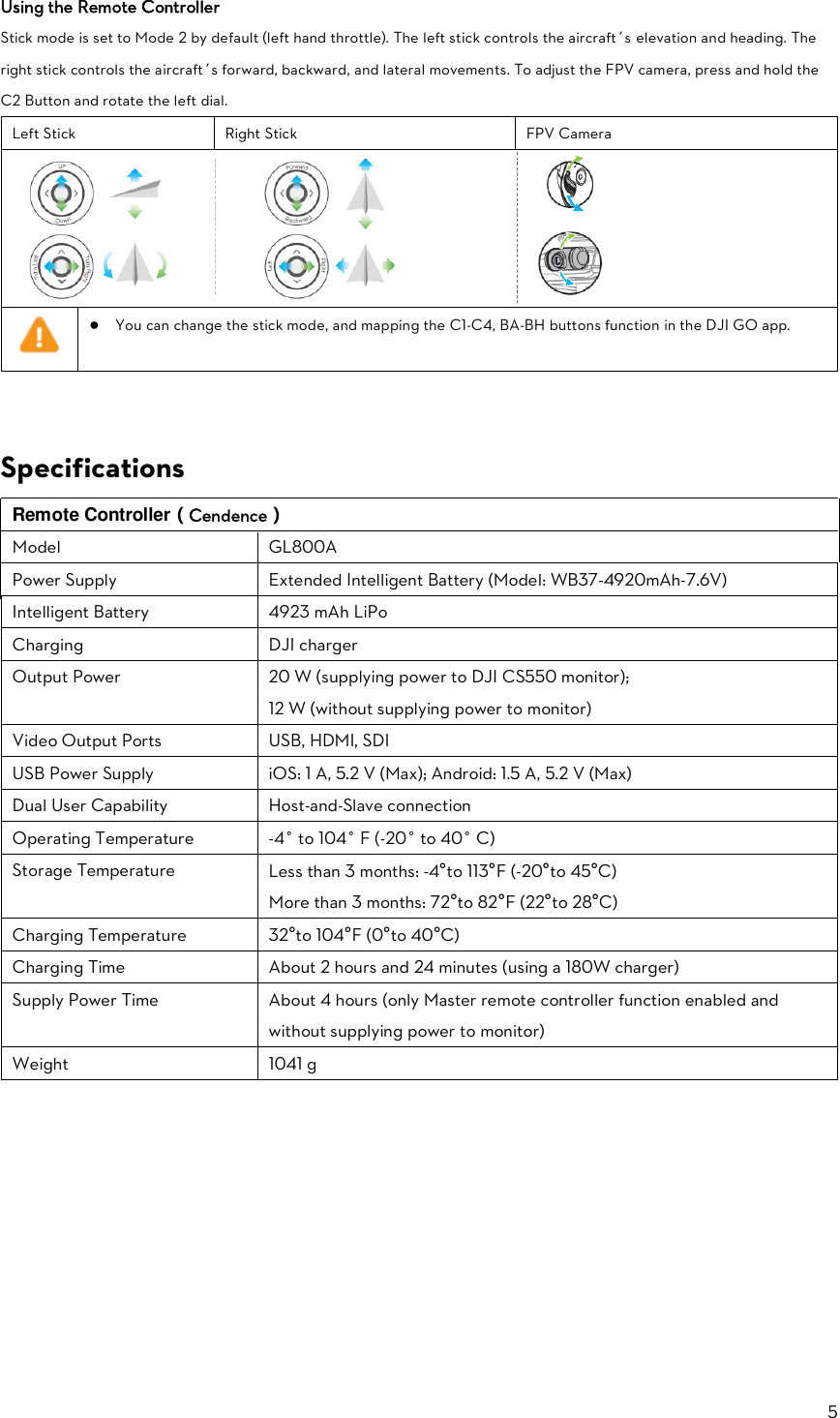 5  Using the Remote Controller Stick mode is set to Mode 2 by default (left hand throttle). The left stick controls the aircraft’s elevation and heading. The right stick controls the aircraft’s forward, backward, and lateral movements. To adjust the FPV camera, press and hold the C2 Button and rotate the left dial. Left Stick Right Stick FPV Camera                     ●    You can change the stick mode, and mapping the C1-C4, BA-BH buttons function in the DJI GO app.                                                                           SpecificationsRemote Controller（Cendence）ModelGL800APower SupplyExtended Intelligent Battery (Model: WB37-4920mAh-7.6V)Intelligent Battery4923 mAh LiPoCharging DJI chargerOutput Power20 W (supplying power to DJI CS550 monitor); 12 W (without supplying power to monitor)Video Output PortsUSB, HDMI, SDIUSB Power Supply iOS: 1 A, 5.2 V (Max); Android: 1.5 A, 5.2 V (Max)Dual User CapabilityHost-and-Slave connectionOperating Temperature-4° to 104° F (-20° to 40° C)Storage TemperatureLess than 3 months: -4°to 113°F (-20°to 45°C)More than 3 months: 72°to 82°F (22°to 28°C)Charging Temperature32°to 104°F (0°to 40°C)Charging TimeAbout 2 hours and 24 minutes (using a 180W charger)Supply Power TimeAbout 4 hours (only Master remote controller function enabled and without supplying power to monitor)Weight1041 g
